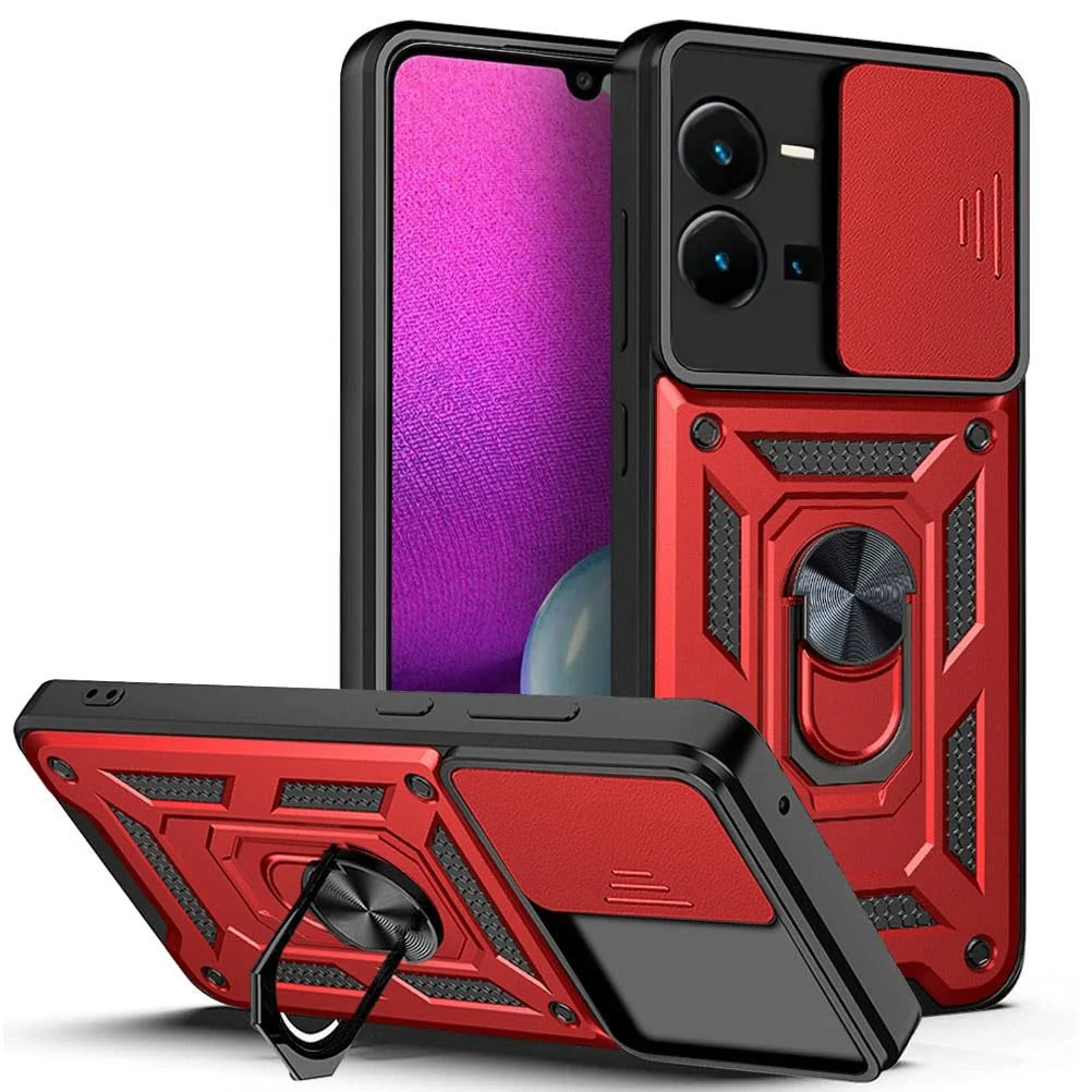 DL3 Mobilak Military-Grade Protective Case with Sliding Camera Cover, Metal Ring Kickstand and Magnetic Car-Mount Support for vivo V25 5G / V25E 4G / X80 Lite - Red