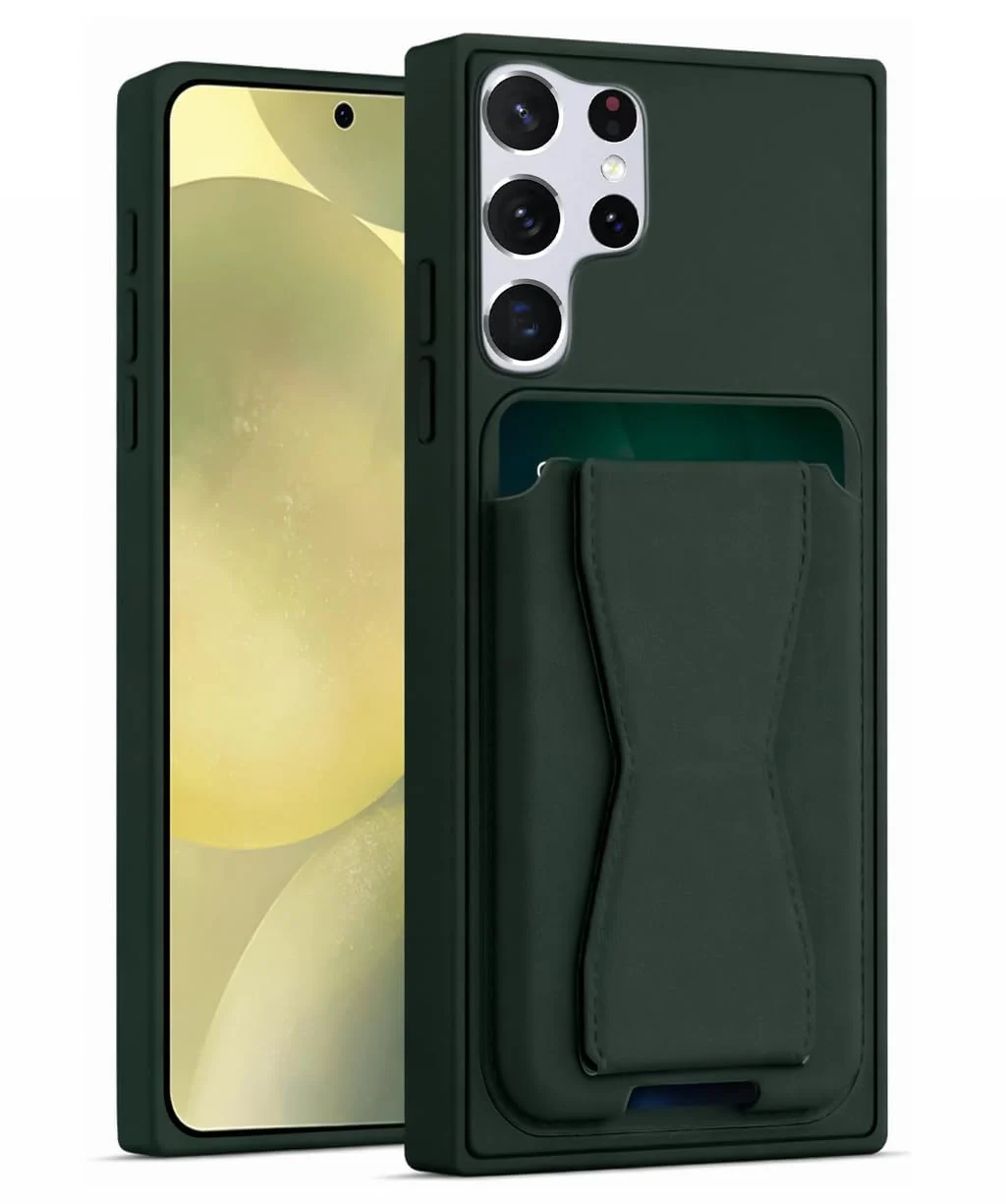 DL3 Mobilak Leather Wallet Case Compatible with Samsung Galaxy S24 Ultra, Leather Back Cover With TPU Frame, Shockproof Protective Phone Case with Card Holder Stand - Dark Green
