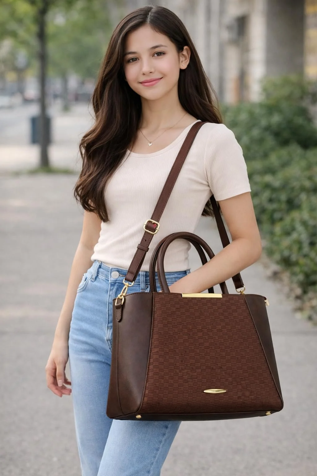 Mobigon Women’s Handbag Elegant Textured Satchel with Adjustable Shoulder Strap Structured Spacious Tote with Top Zipper Closure for Work, Office, Shopping & Daily Use - Light Brown