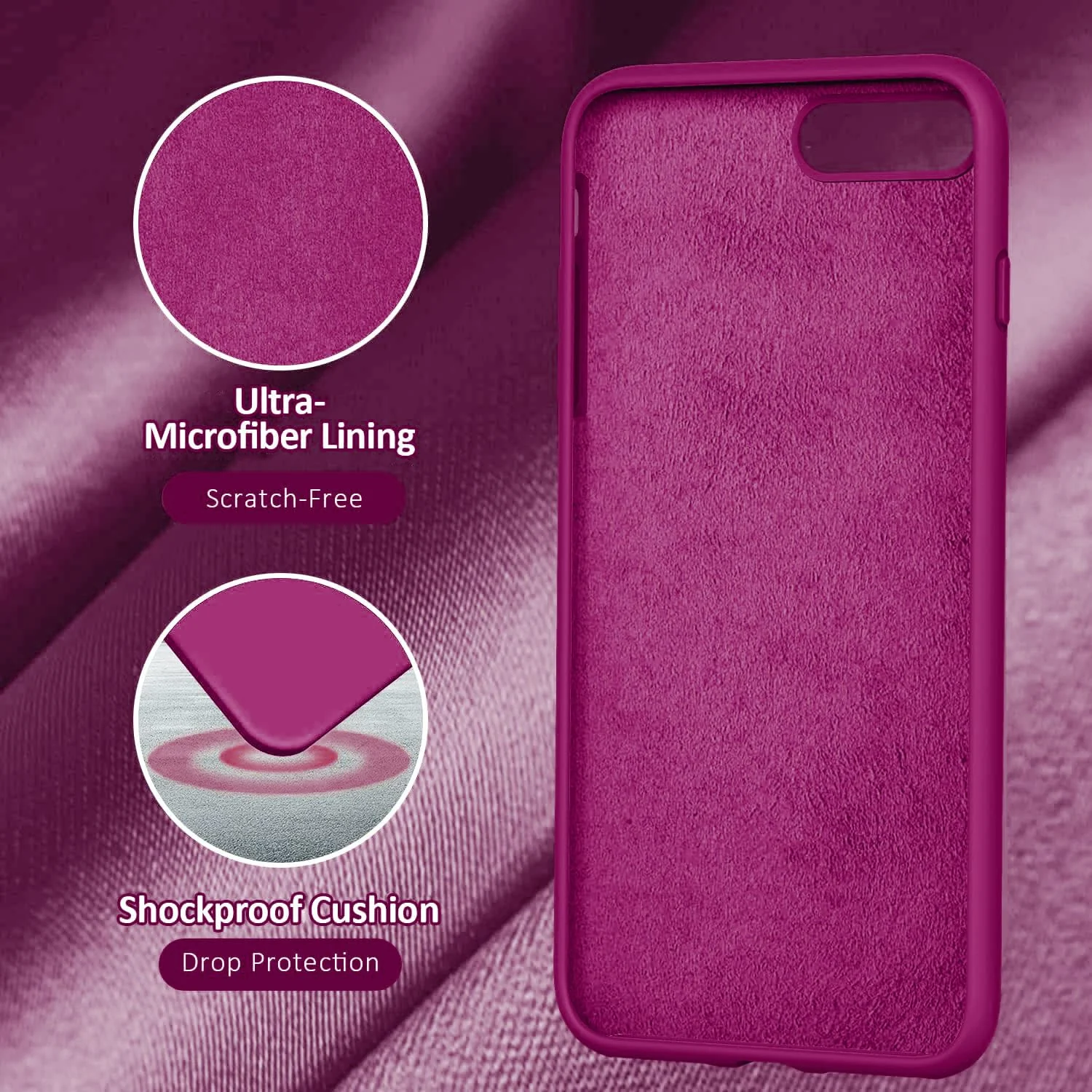 DL3 Mobilak Liquid Silicone Protective Case for iPhone 7 Plus / iPhone 8 Plus with Camera Protection and Microfiber Lining - Fuchsia