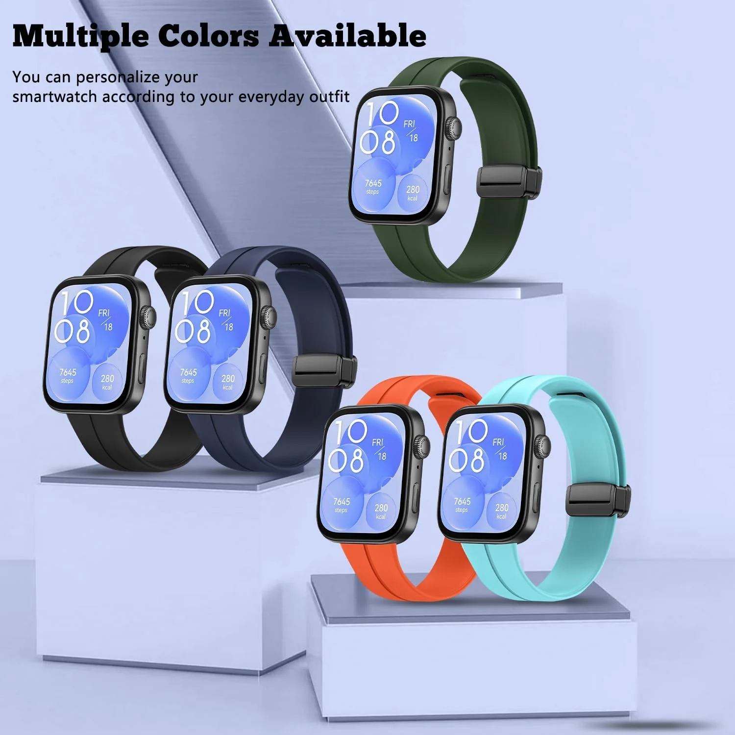 DL3 Mobilak Silicone Strap Compatible with Huawei Watch Fit 3/Watch Fit 4 Pro/Fit 4 Magnetic Metal Stainless Buckle Sport Silicone Strap, Band Quick Release Soft Replacment Wristband - Blue