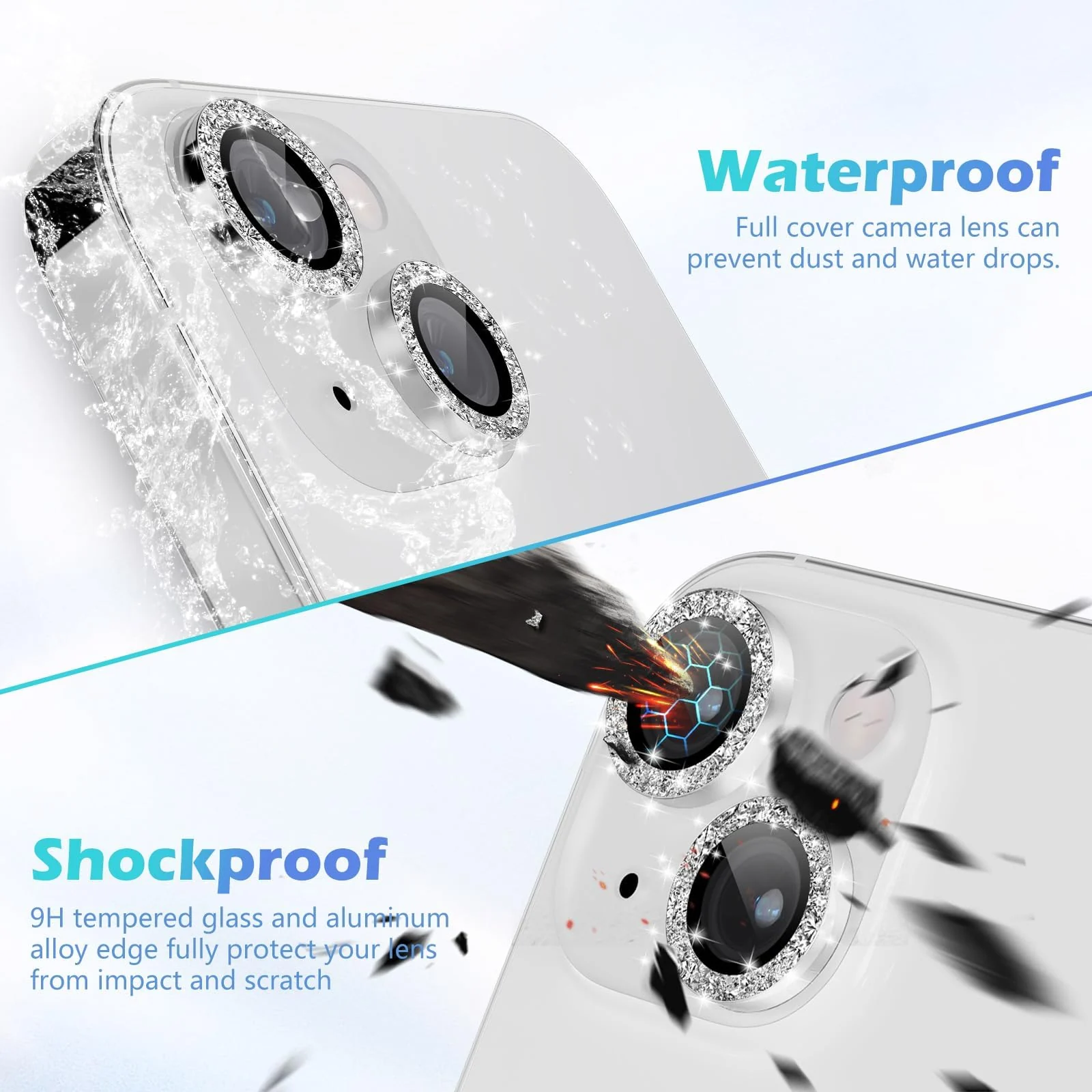 DL3 Mobilak Compatible with iPhone 15/15 Plus & iPhone 14/14 Plus Camera Lens Protector, Anti-Scratch HD Tempered Glass Lens Screen Protection Cover, Metal Individual Lens Ring - Glitter Silver