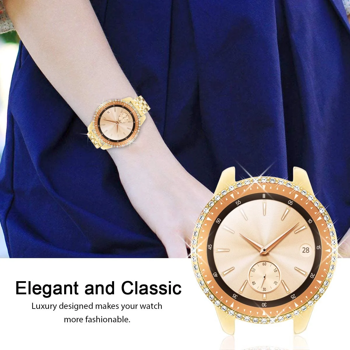 DL3 Mobilak Bumper Diamond Case Compatible with Samsung Galaxy Watch 46mm, Gear S3 Frontier Case (NOT fit for -R770), Bling Crystal Diamonds PC Plastic Protector Case Cover Frame - Gold