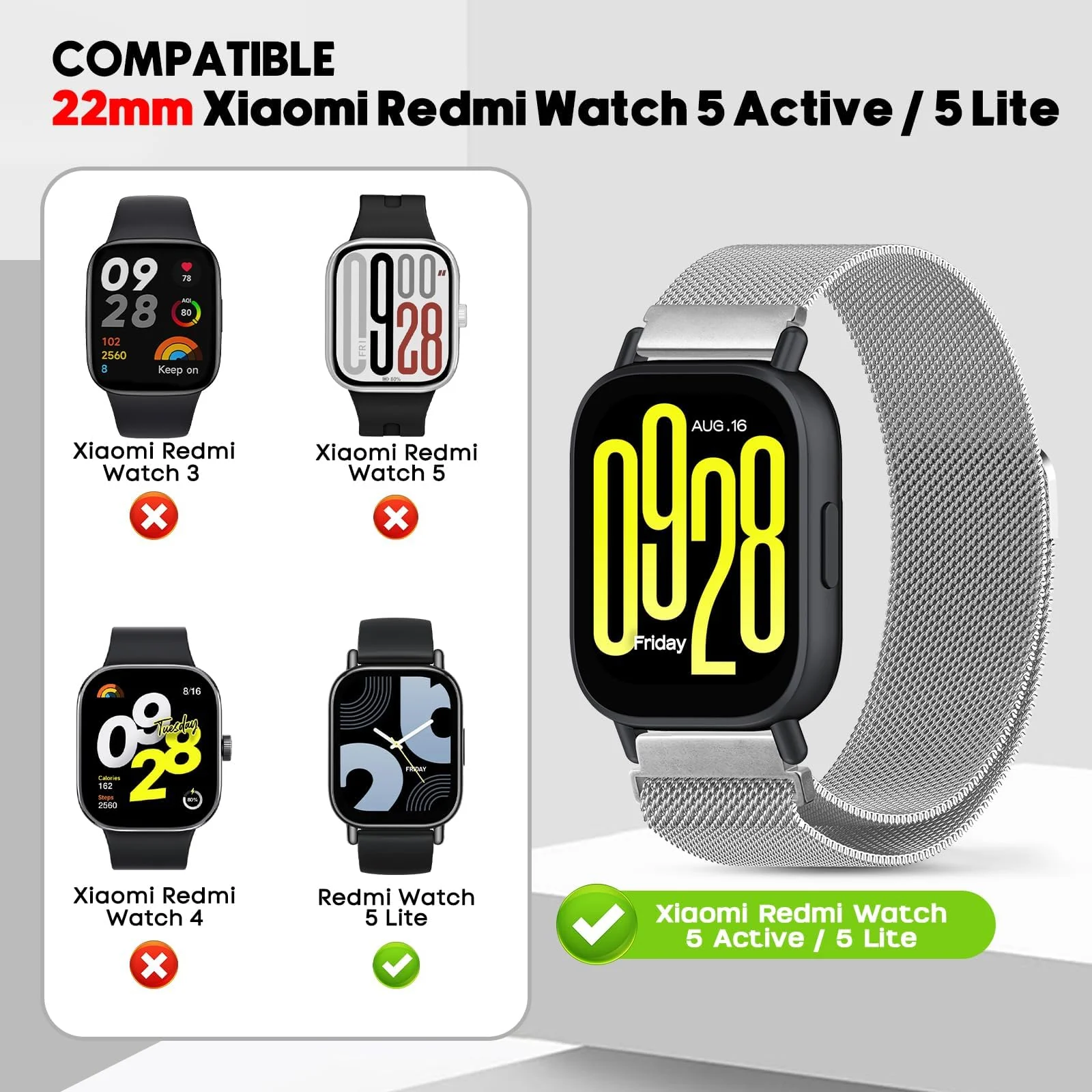 DL3 MOBILAK Milanese Magnetic Stainless-Steel Watch Strap for Xiaomi Redmi Watch 5 Lite and 5 Active - Silver
