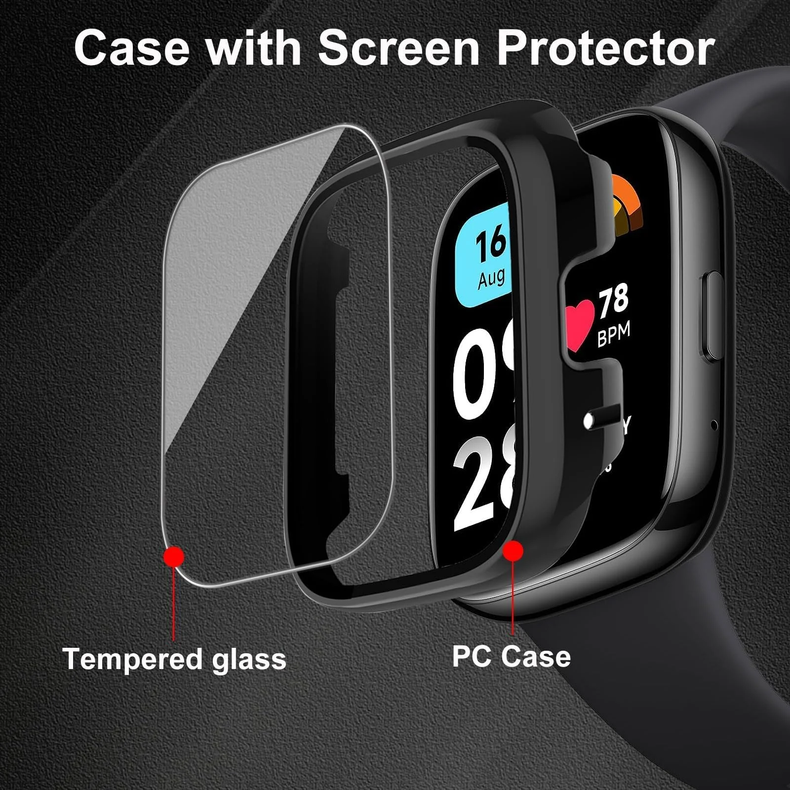 DL3 Mobilak Case with Screen Protector for Xiaomi Redmi Watch 3 Active/Redmi Watch 3 Lite, Bumper Full Coverage Hard PC Overall Protective Cover, Built-in Tempered Glass High Sensitivity - Black