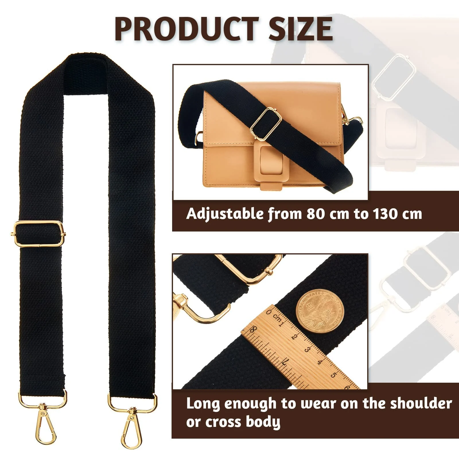 DL3 Mobilak Adjustable Wide Crossbody Bag Strap for Women, Replacement Shoulder Strap for Handbags, Totes & Purses with Elegant Embroidered Pattern and Metal Hooks - Black