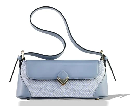 Mobigon Elegant Women’s Baguette Shoulder Bag with Magnetic Gold Clasp, Textured Faux Leather, Zippered Main Compartment & Inner Pocket for Formal & Daily Use - Baby Blue