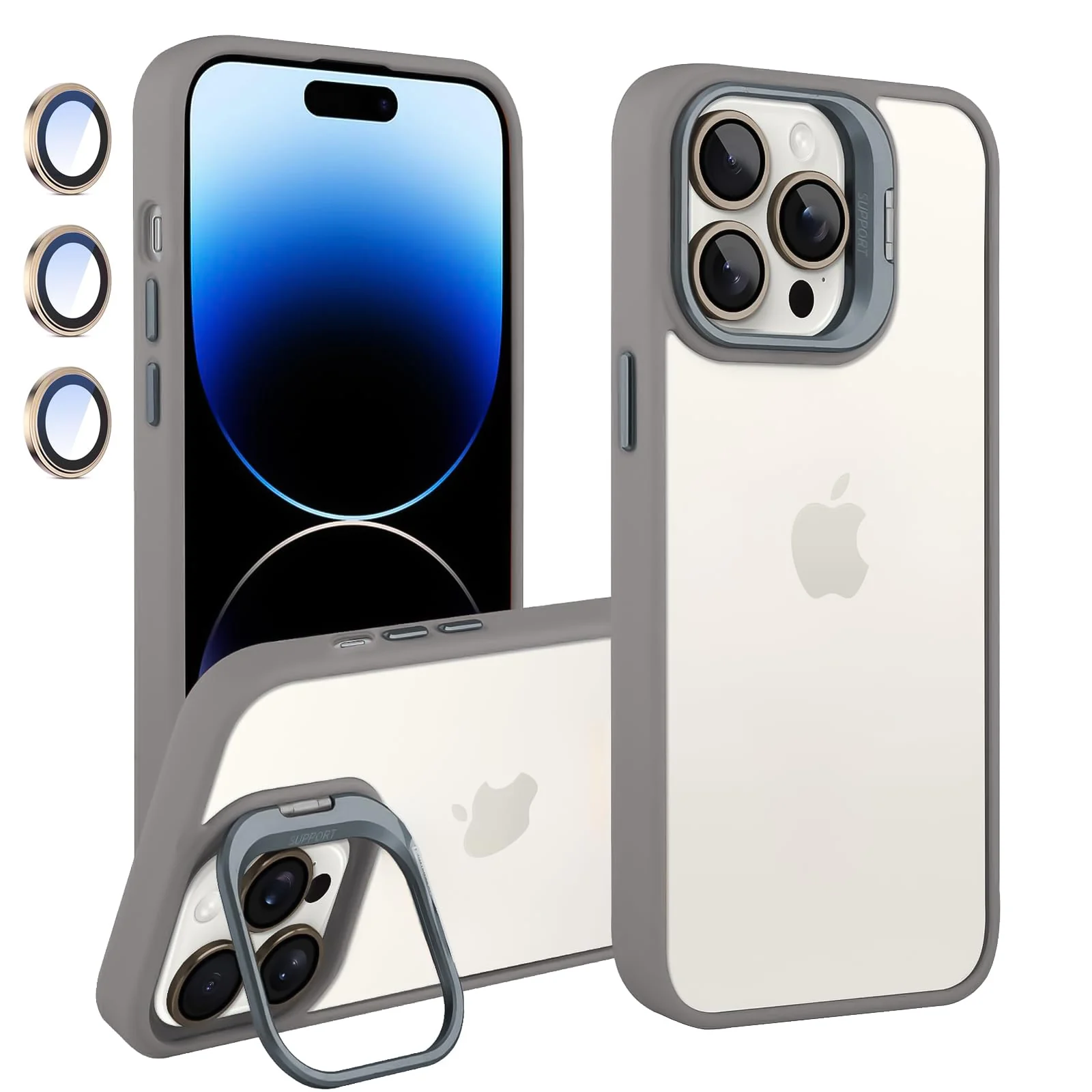 DL3 Mobilak Clear PC and TPU Case with Camera Ring Kickstand and Lens Protector for iPhone 14 Pro Max - Titanium