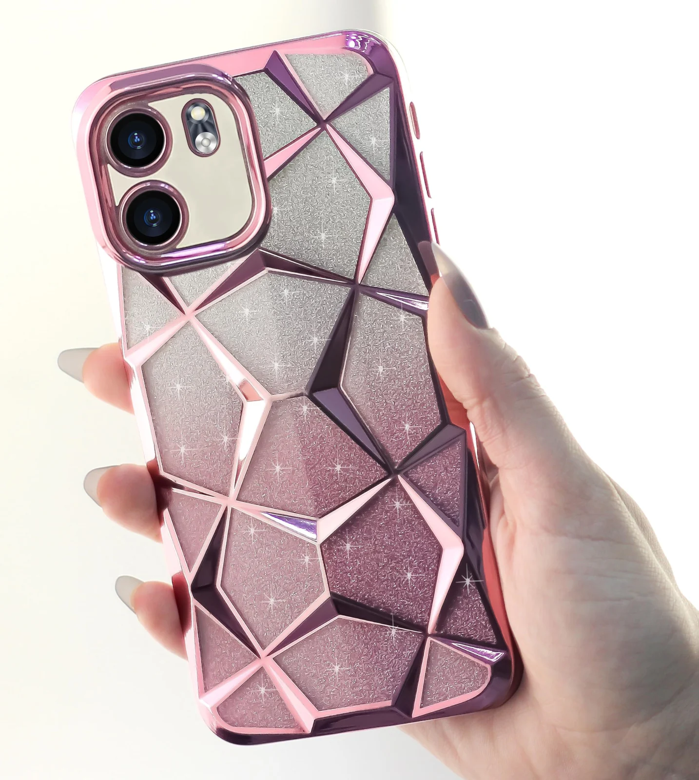 DL3 Mobilak Compatible with Infinix Smart 9 / Infinix Hot 50i Case Plating Bling Gradient Glitter Clear Cover Soft TPU Silicone Cute Camera Protection Shockproof Back for Women Girls Case - Pink