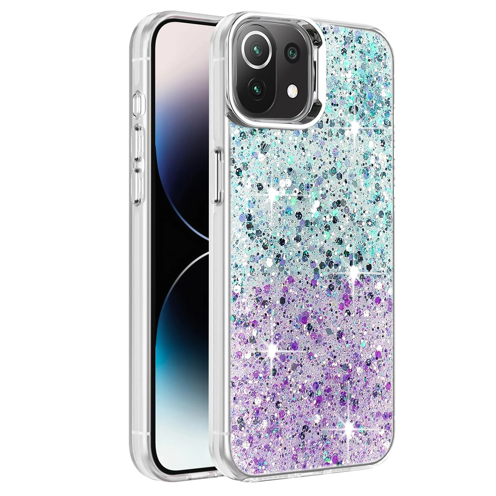 DL3 Mobilak Glitter Protective Case for Xiaomi 11 Lite 5G NE / Xiaomi Mi 11 Lite (4G / 5G), Supports wireless charging, Camera protection, Shock-absorbing protection - Green Purple