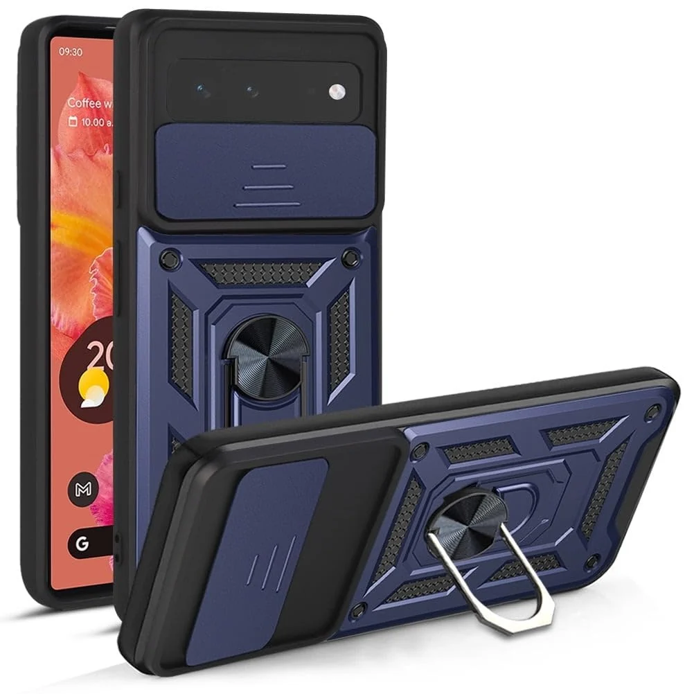 DL3 Mobilak Case for Google Pixel 6 with Slide Camera Cover, Military Grade Shockproof Protective Cover with Rotatable Metal Ring Kickstand [Support Magnetic Car Mount] - Blue
