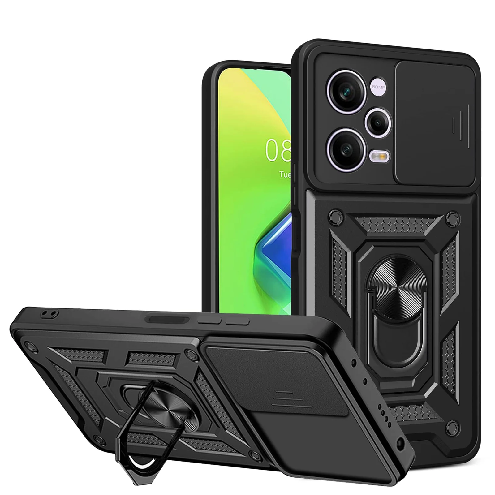 DL3 Mobilak Protective Case with Sliding Camera Cover, Metal Ring Kickstand and Magnetic Car-Mount Support for Xiaomi Redmi Note 12 Pro 5G / Poco X5 Pro 5G - Black