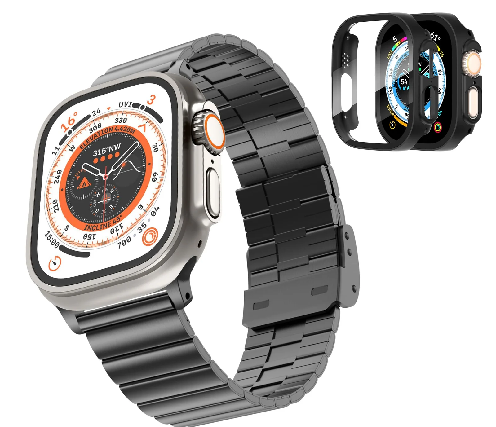 DL3 Mobilak Case with Strap For Apple Watch Ultra 2 49mm Stainless Steel Metal Straps, Hard PC Case With Glass Screen Protector Cover with Strap Bands for Apple Watch Ultra 49mm - Black