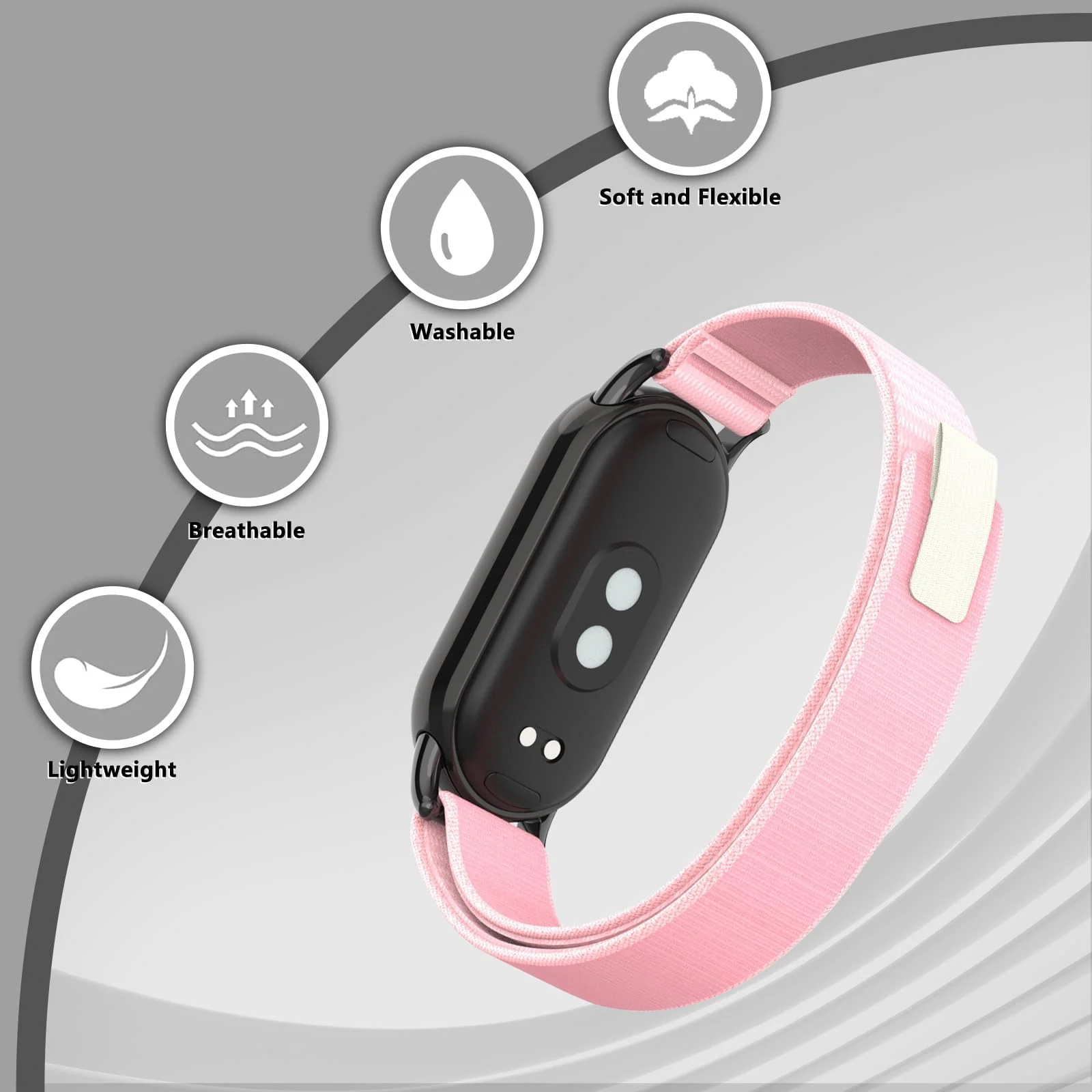 DL3 Mobilak Sport Bands Nylon For Xiaomi Mi Band 10/9/8 Men Women, Adjustable Elastic Breathable Soft Stretchy Wristband Loop Replacement Strap for Xiaomi Smart Band 8/9/10 - Pink