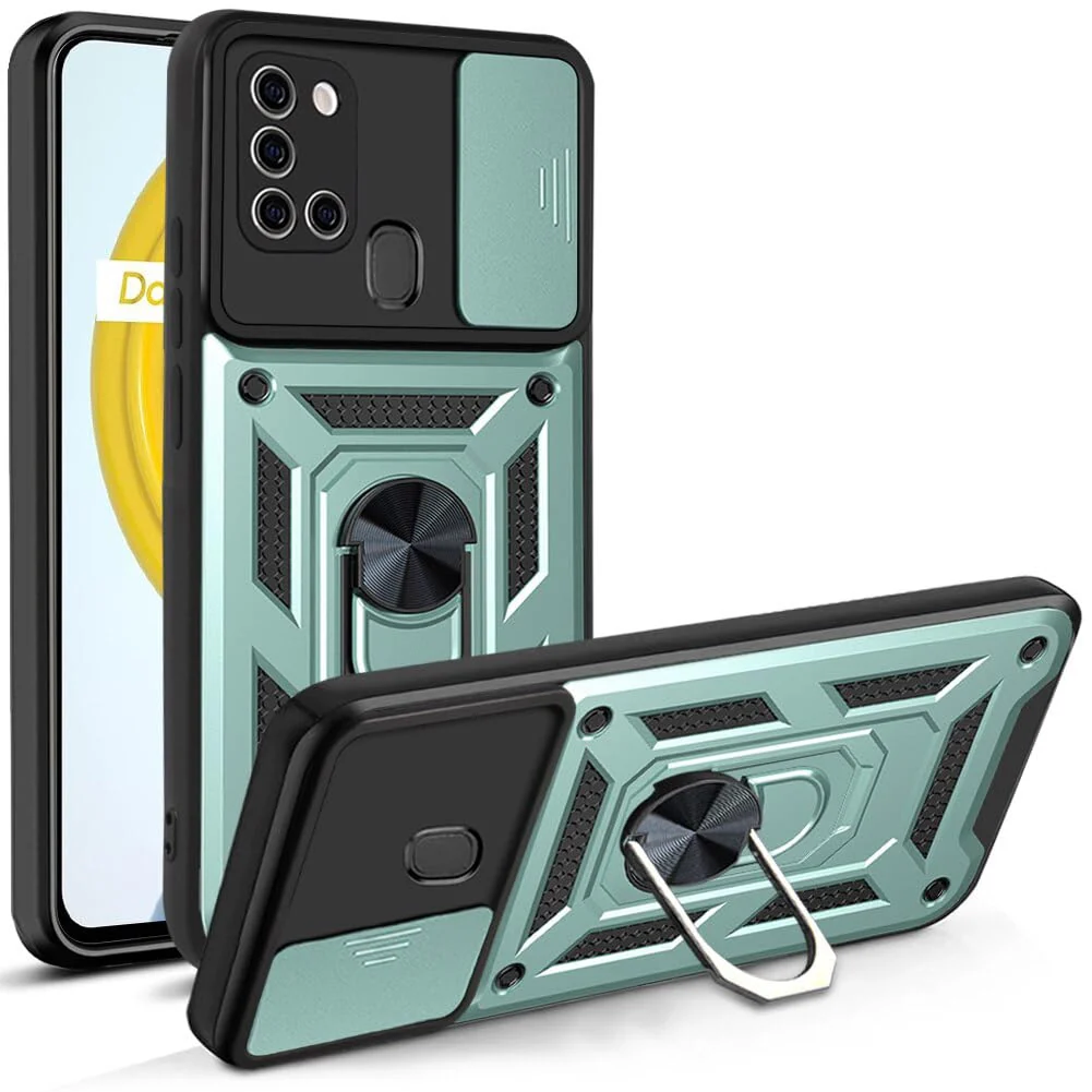 DL3 Mobilak Military-Grade Protective Case with Sliding Camera Cover, Metal Ring Kickstand and Magnetic Car-Mount Support for Samsung Galaxy A21s - Green