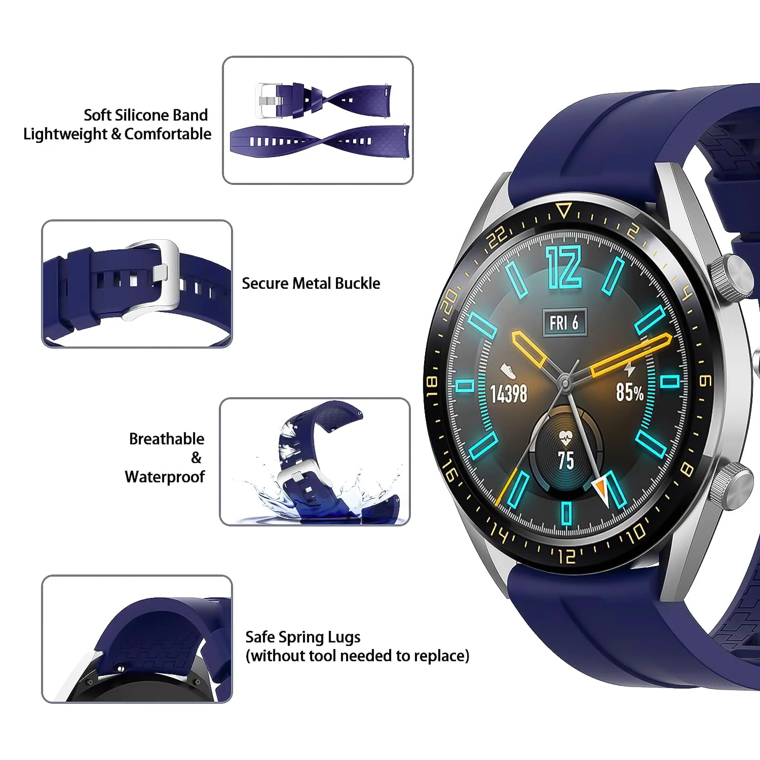 DL3 Mobilak Strap Silicone Band 22MM For Samsung galaxy watch 3 45mm /watch 46mm/Gear S3/Huawei watch GT3 46MM/GT2E/GT 46mm/GT2 Pro/GT2 46MM/honor Magic Watch2 46mm/Amazfit GTR4/GTR3/2/2e - Navy Blue