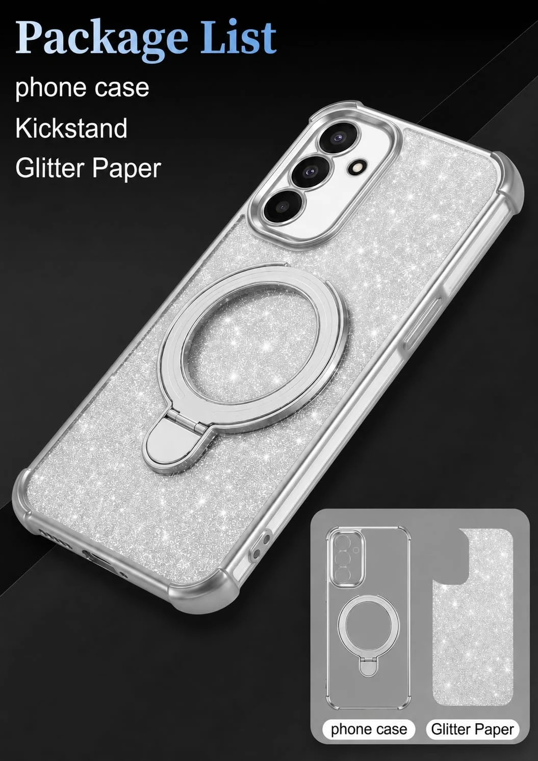 MOBIGON Glitter Phone Case with Magnetic Ring Stand for Samsung Galaxy A26, Silver