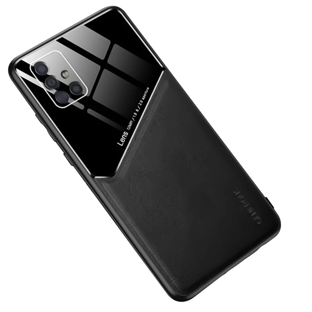 DL3 Mobilak Leather and PC Protective Case for Samsung Galaxy A71, Built-in magnetic car-mount support, Shock-absorbing protection, Raised edges around the screen and camera - Black
