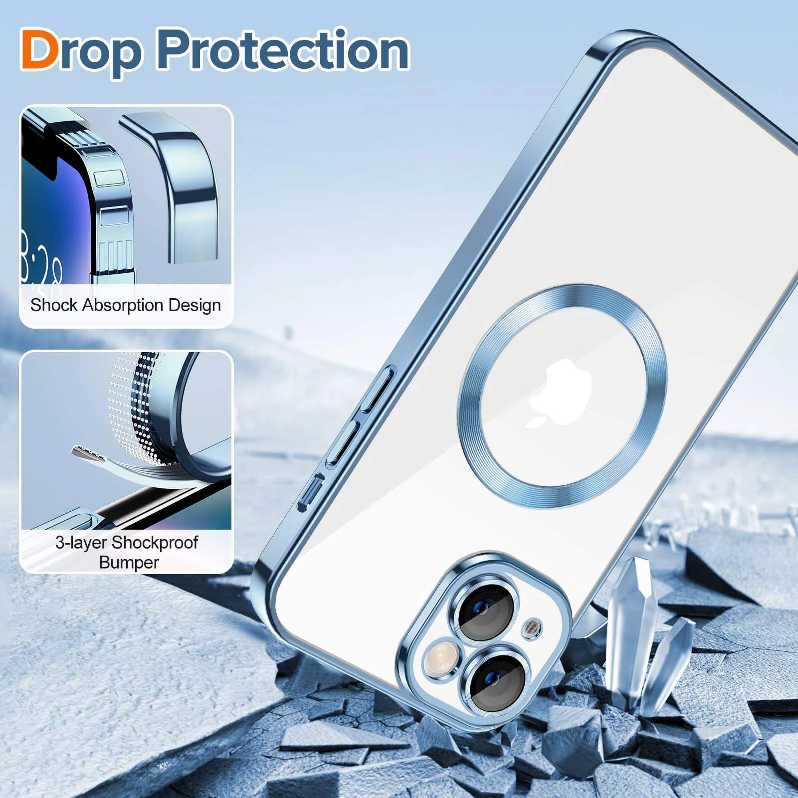 DL3 Mobilak Clear TPU Case with Electroplated Edges for iPhone 14 with Camera Protection and Anti-Yellowing Design - Sierra Blue