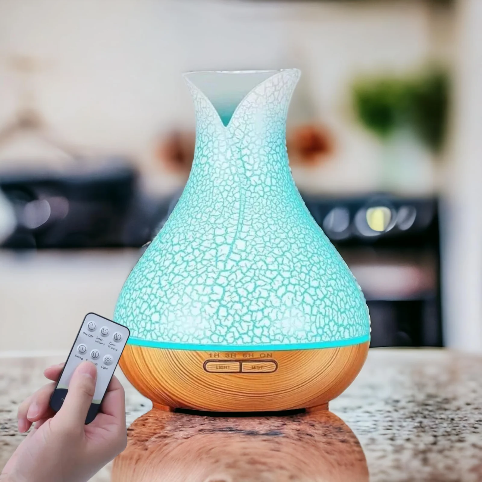 Mobigon Essential Oil Diffuser, Aromatherapy Diffuser 500ml with Remote Control, 4 Timer & Auto-Off Safety Switch, 7 Color LED Lights Mode, 10 Hours Quiet Humidifier for Bedroom - H.Light Brown