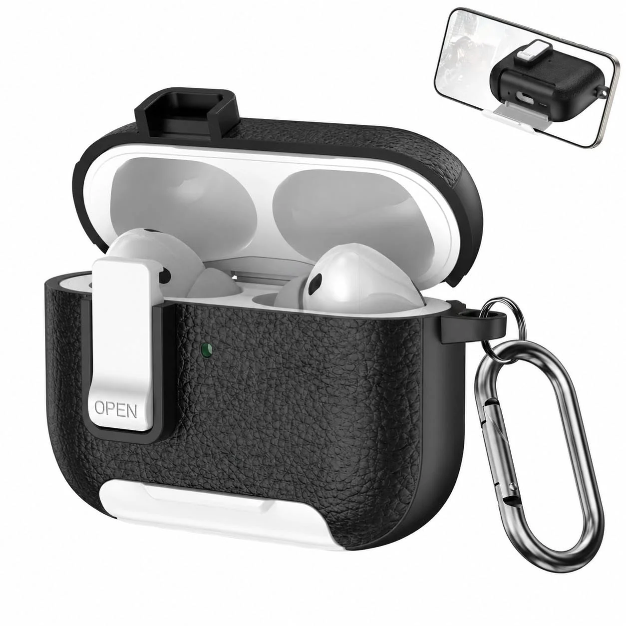 Mobigon for AirPods Pro 2nd / 1st Leather Case with Secure Lock Clip, Support Wireless Charge, Stand and Charging Port Dustproof Design with Carabiner for AirPods Pro 2 (Black/White)
