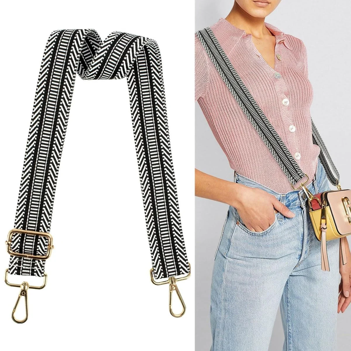 DL3 Mobilak Adjustable Wide Crossbody Bag Strap for Women, Replacement Shoulder Strap for Handbags, Totes & Purses with Elegant Embroidered Pattern and Metal Hooks - Ladder Black