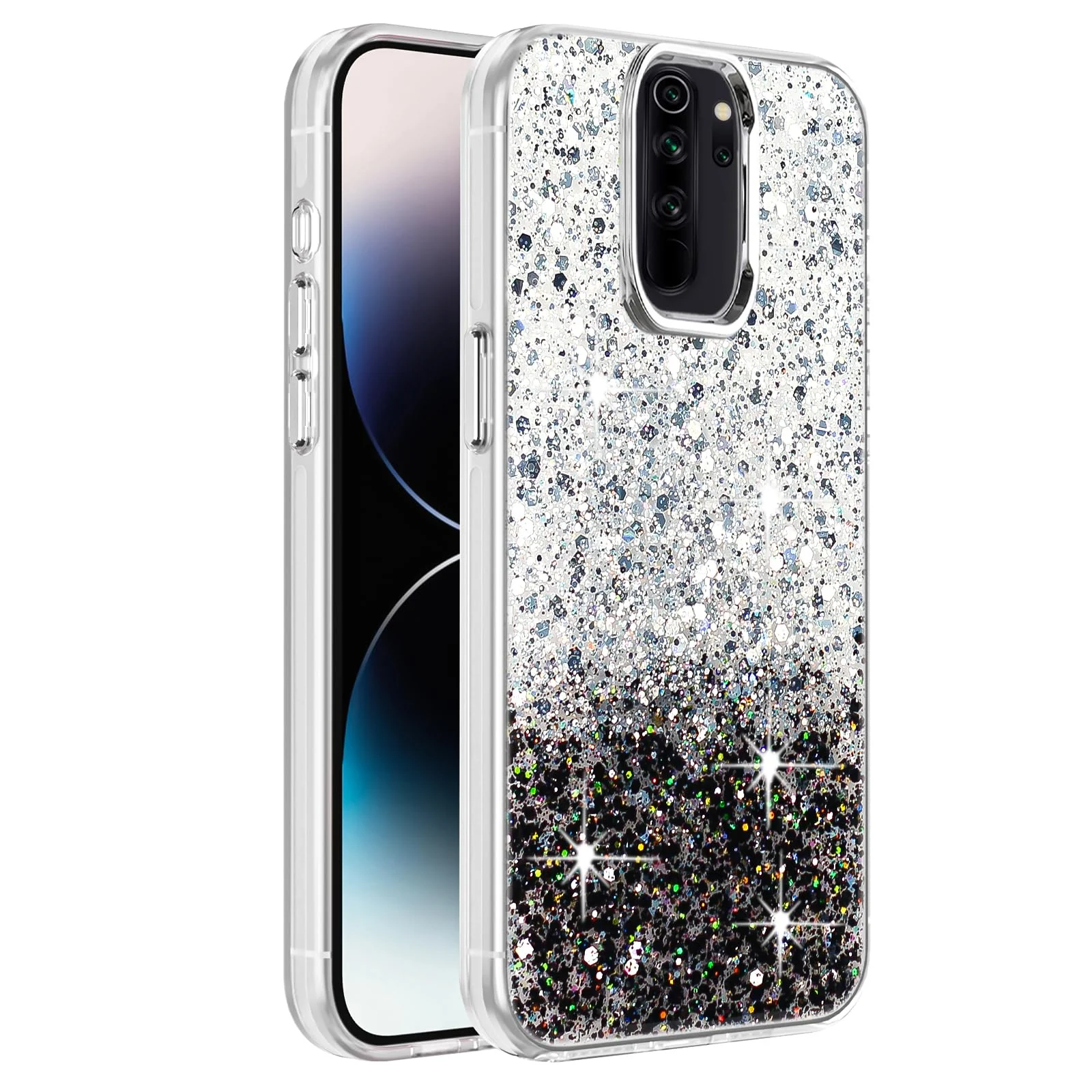 DL3 Mobilak Glitter Protective Case for Xiaomi Redmi Note 8 Pro, Supports wireless charging, Camera protection, Shock-absorbing protection - White Black