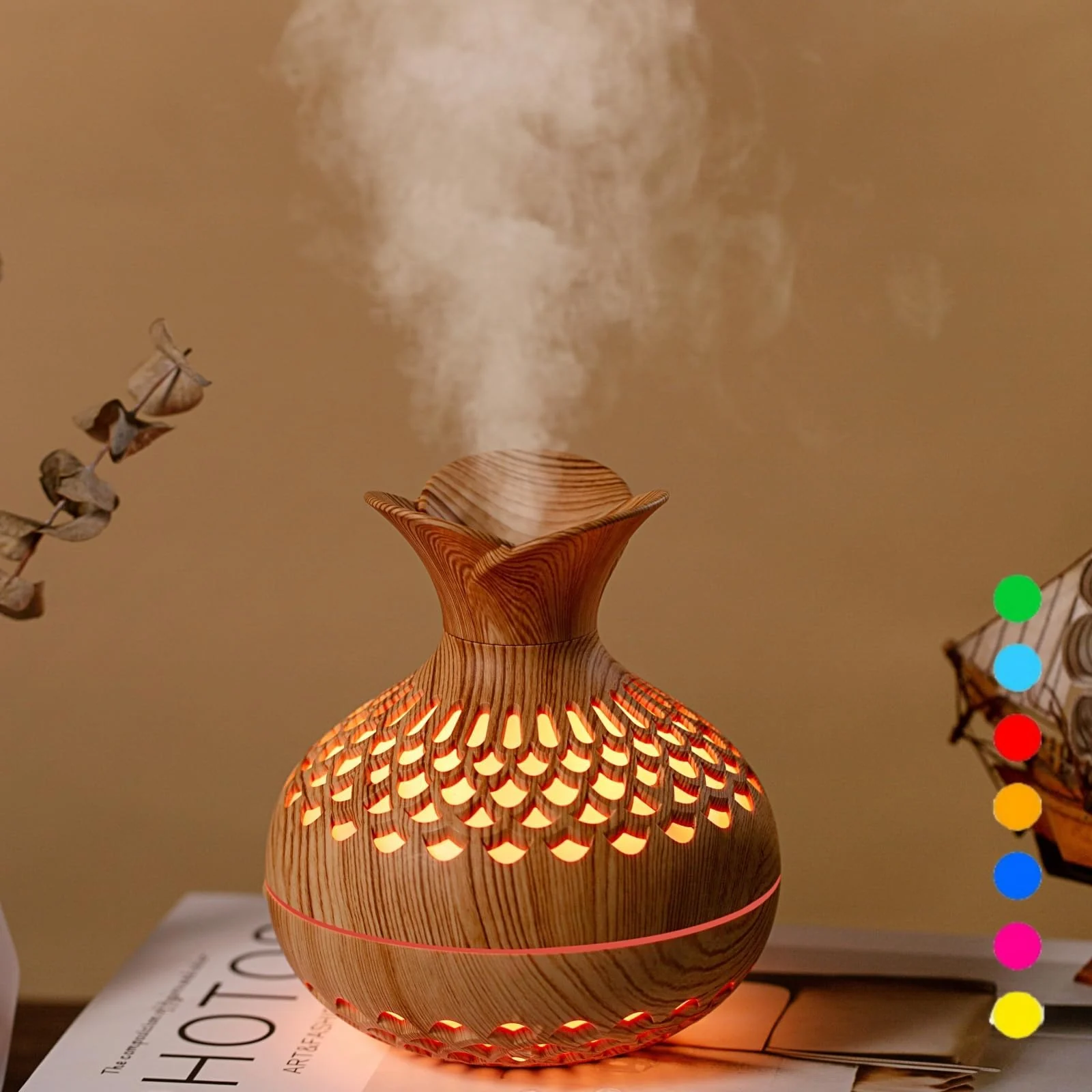 Mobigon Wood Cool Mist Ultrasonic Humidifier for Room Moisture, Aroma Diffuser for Home, 300ml Essential Oil Diffuser with 7 Colorful Night Light, Auto Shut-Off, Home, Office, car - Light Brown