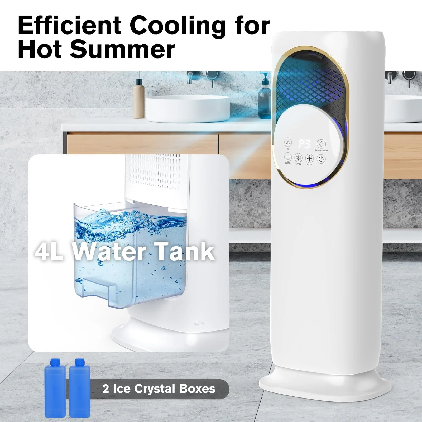 Mobigon 4 in 1 Fan and Heater Combo with Humidification, 4L Water Tank with Remote Control, Touch, 180° Oscillating, 2 Speed Heating, 3 Speed Cooling, 12H Timer Tip-over & Overheat Protection - White