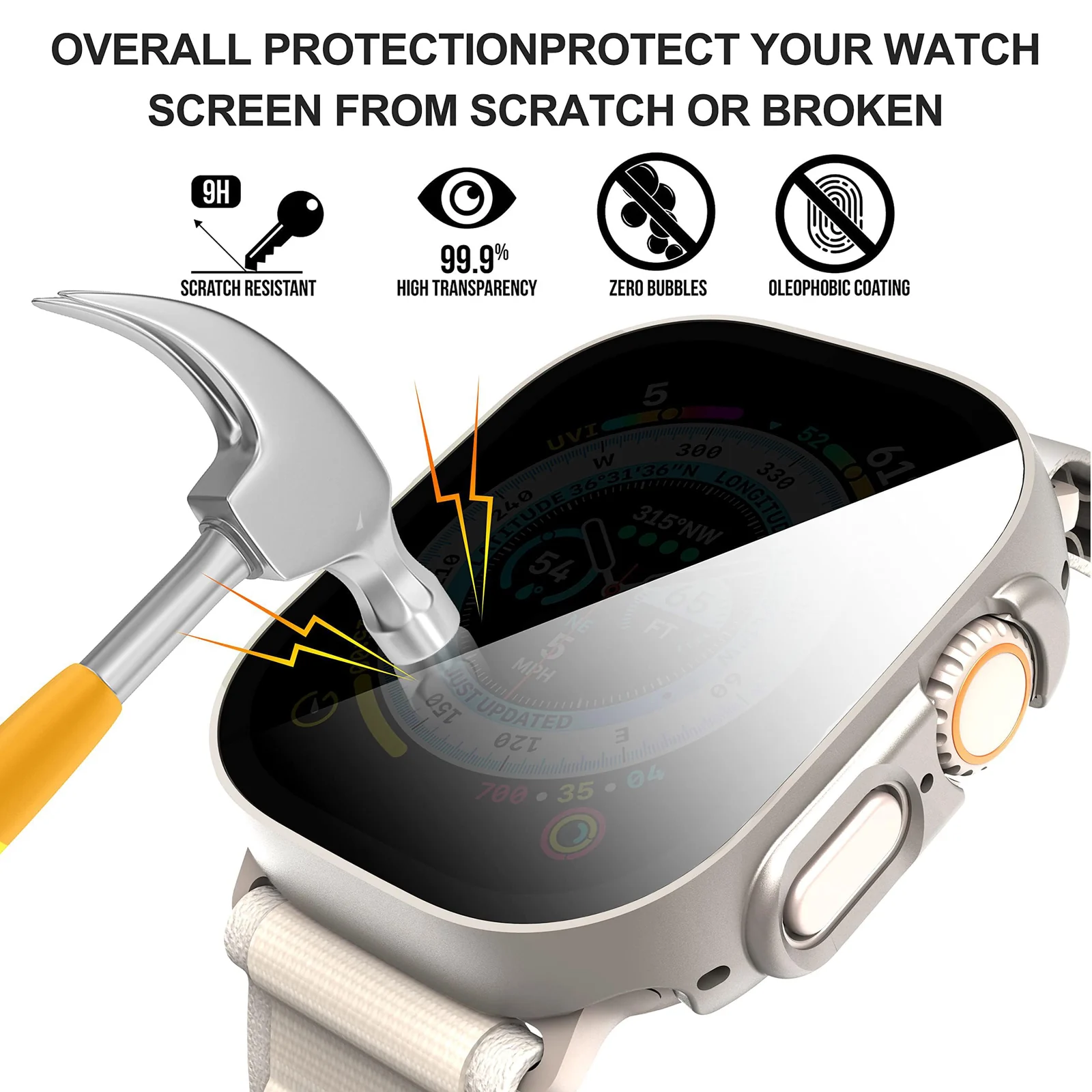 DL3 Mobilak Cover for Apple Watch Ultra 3/2/1 49mm Privacy Screen Protector Anti Spy, Shockproof Bumper Case, Integrated Hard PC Protective Case in HD Tempered Glass for Apple Watch Ultra - Starlight
