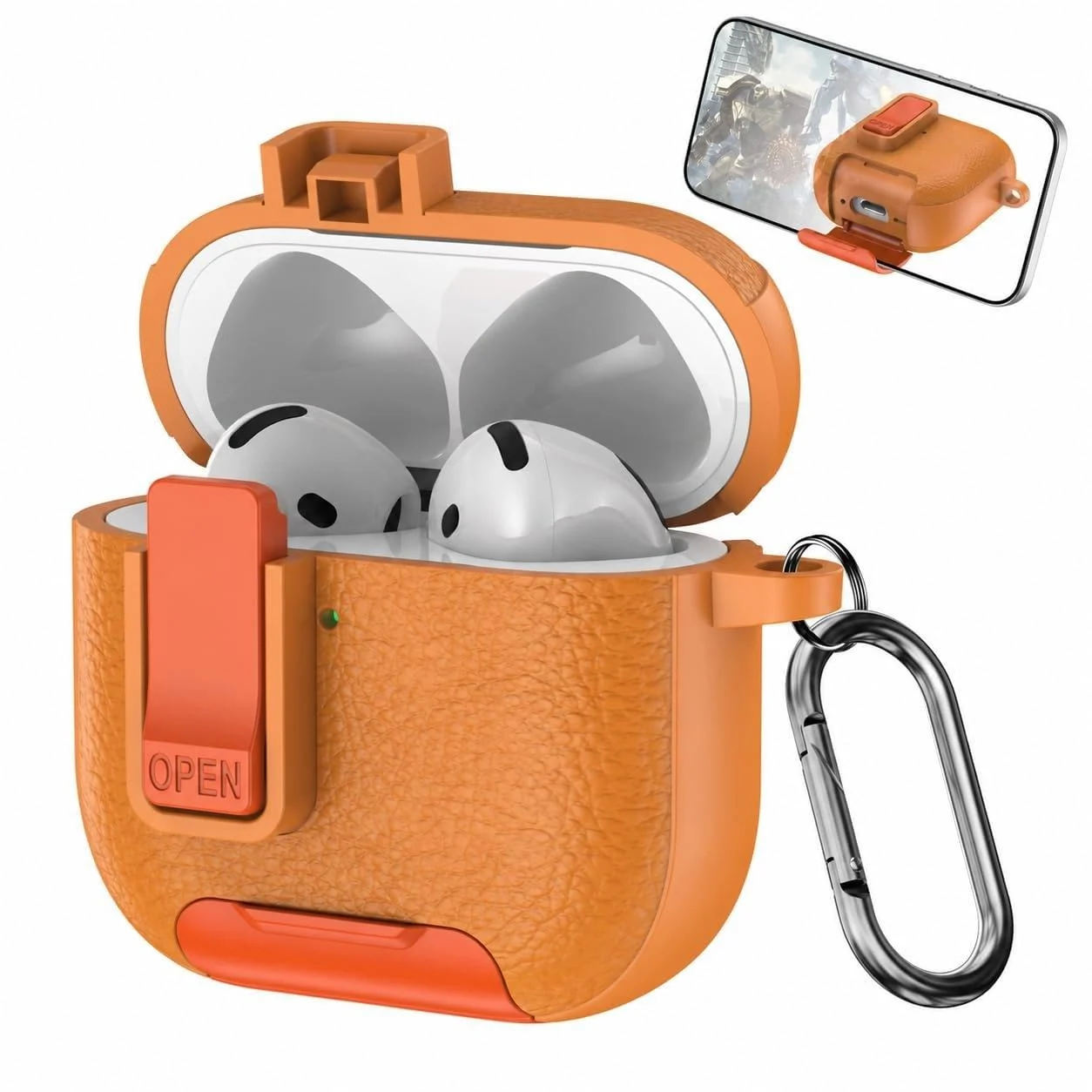 Mobigon for Apple AirPods 4 Leather Case with Secure Lock Clip, Support Wireless Charge, Stand and Charging Port Dustproof Design with Carabiner for AirPods 4 (Orange)