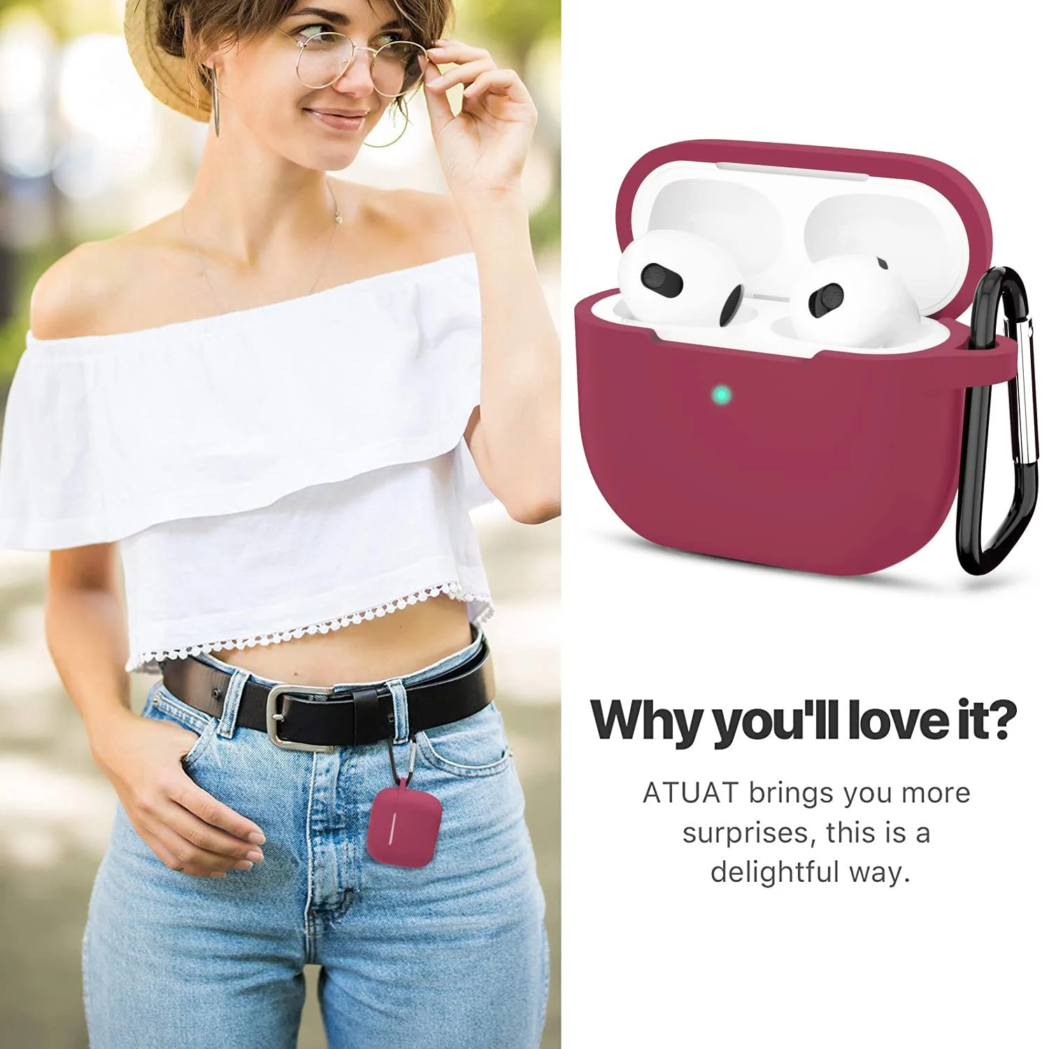 DL3 Mobilak Case Compatible with AirPods 3, Silicone Protective Accessories Skin with Keychain Compatible with AirPods 3rd Generation 2021 for Women Girl, Front LED Visible - Burgundy