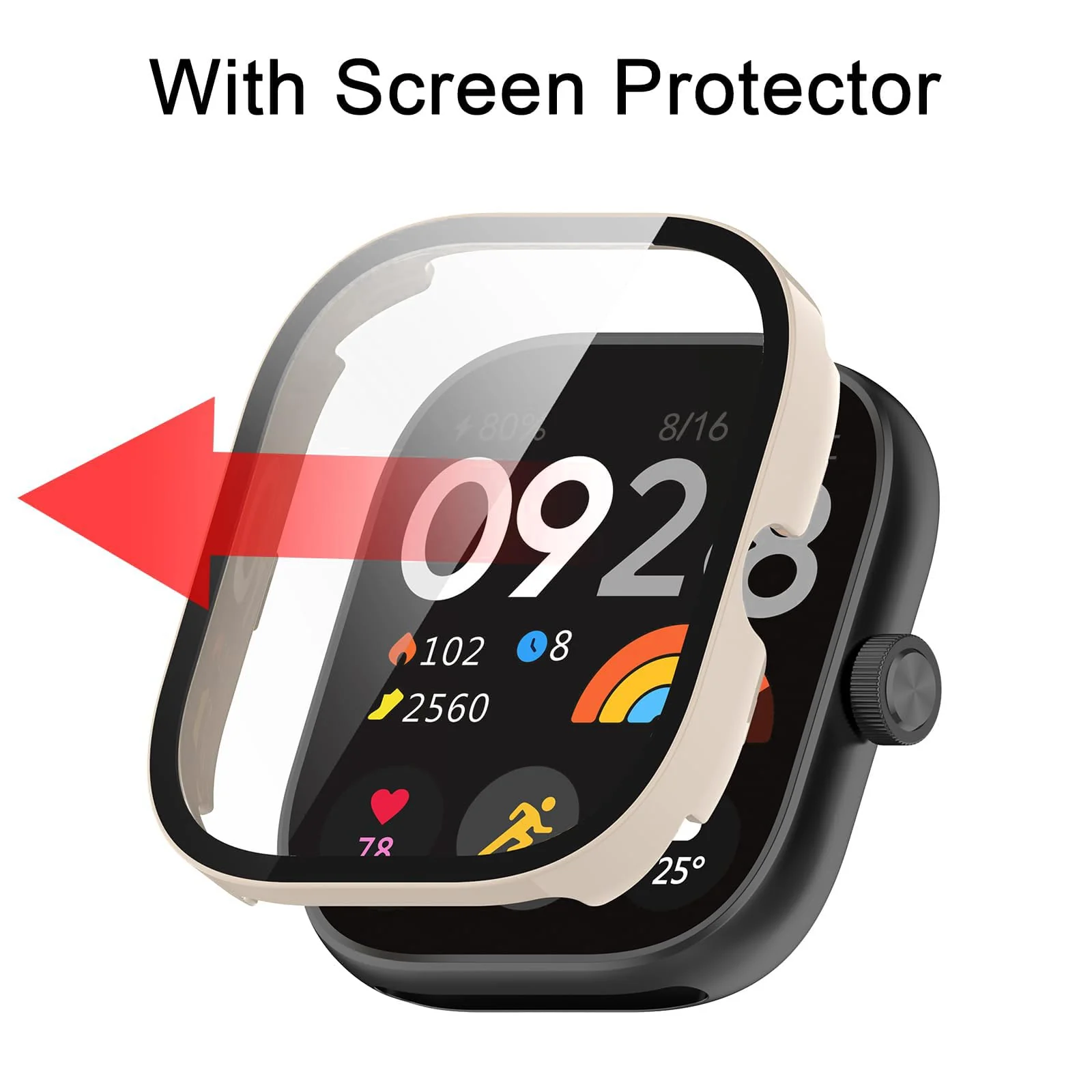 DL3 MOBILAK Full-Coverage Watch Case with Tempered Glass for Xiaomi Redmi Watch 4, Ivory White