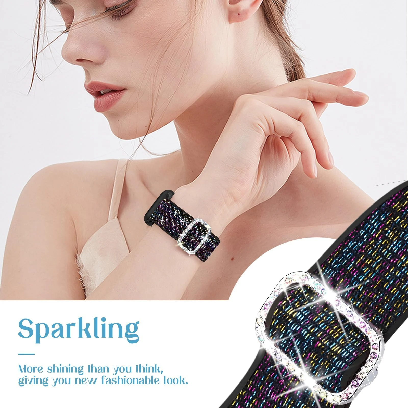 DL3 Mobilak Stretchy Bling Band For Apple Watch 49mm 46mm 45mm 44mm 42mm Women, Nylon Sparkly Strap Solo Loop Glitter Wristband for iWatch Series 11 10 9 8 7 6 5 4 SE3 SE2 SE Ultra 3 2 1 - Pride Black