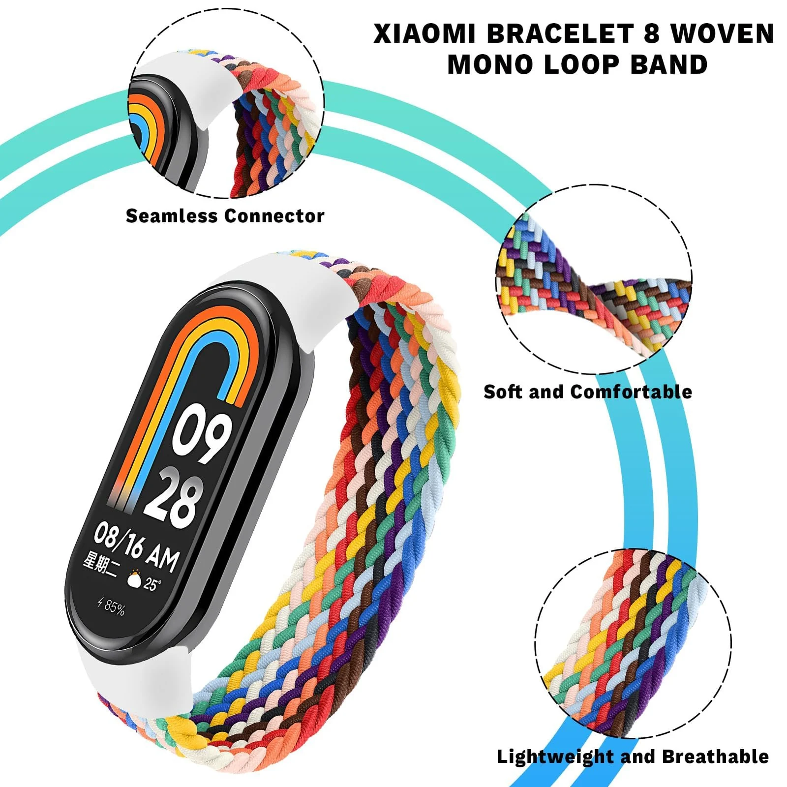 DL3 Mobilak Braided Solo Loop Band for Xiaomi Mi Band 9/Xiaomi Mi Band 8 Strap Women Men, Soft Elastic Nylon Replacement Wristband for Xiaomi Smart Band 9/8 Strap - Official Rainbow