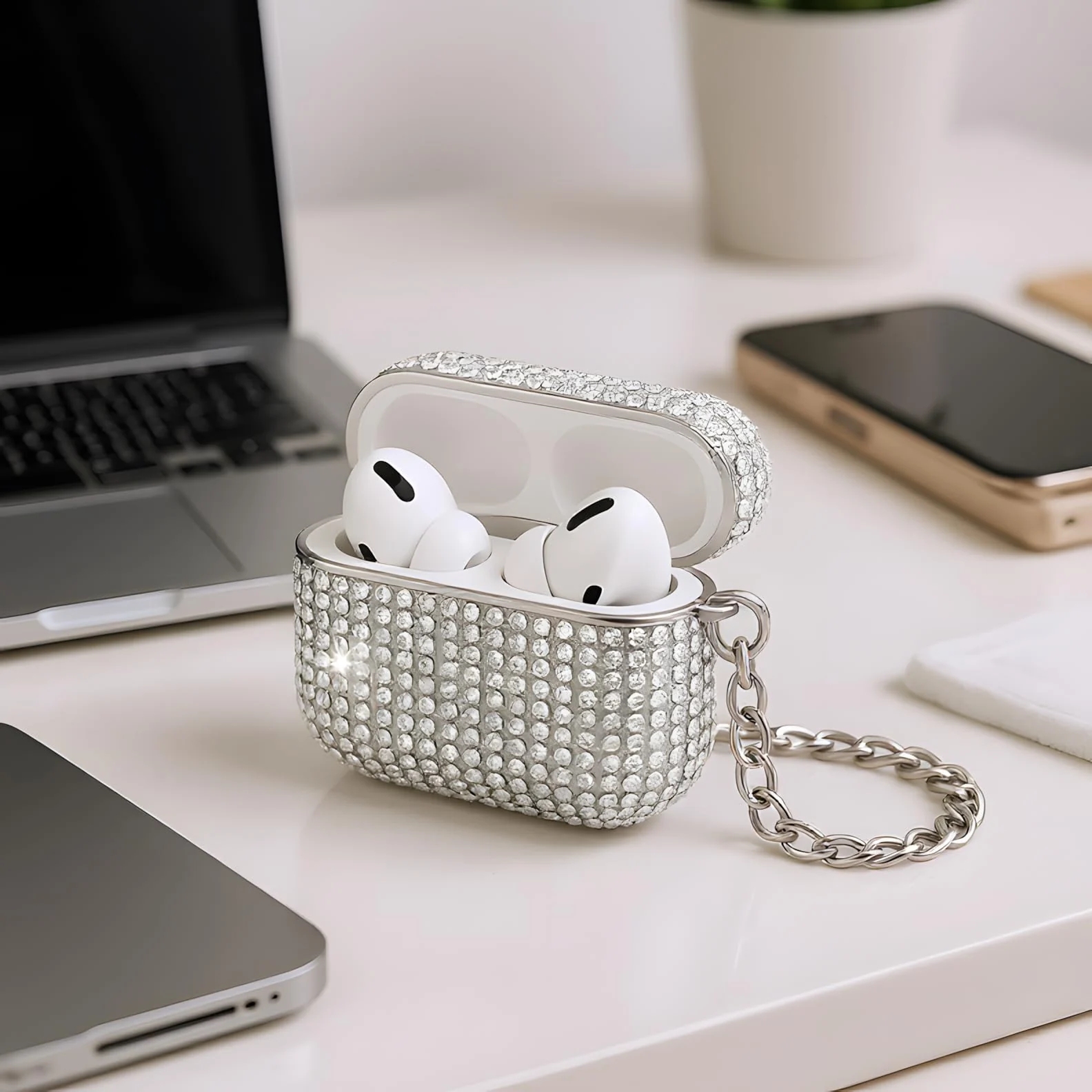 DL3 Mobilak Luxury Rhinestone Case for Apple AirPods 4, Sparkling Glitter Protective Cover with Metal Hand Chain, Shockproof Ideal Gift for Women & Girls for AirPods 4th Generation 2024 - Colorful
