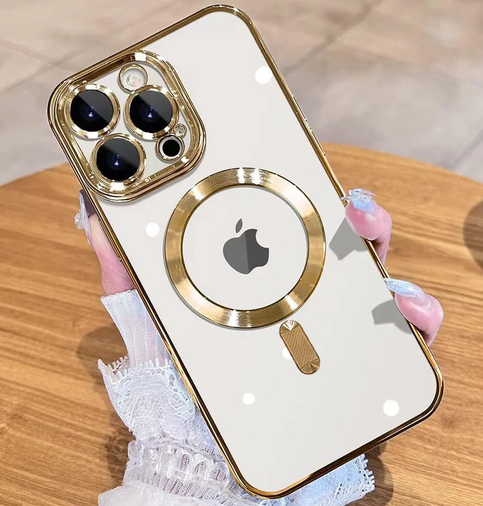 DL3 MOBILAK Case for iPhone 13 Pro (6.1 Inch) Compatible with MagSafe, with Camera Lens Protector, Magnetic Clear Case Slim Plated Protective Case - Gold