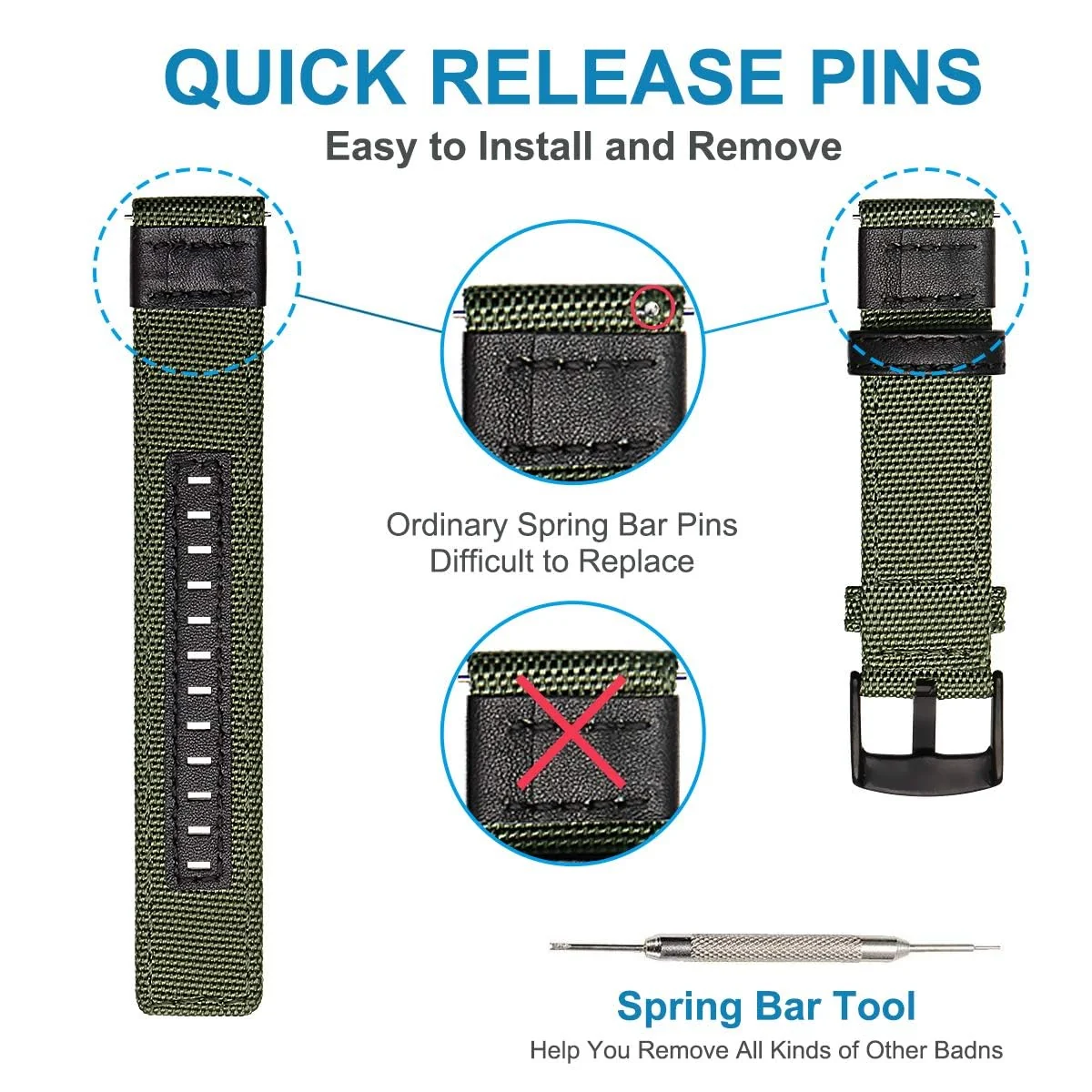 DL3 Mobilak Nylon Sports Bands With Leather 20MM Strap for Samsung Gear Sport, Watch 6, 4, 5, 5 Pro, S2 Classic, Active 2 40mm 44mm, Amazfit GTS 3, 4, 4 Mini, Bip 3 Pro, GTS2, Bp U - Green