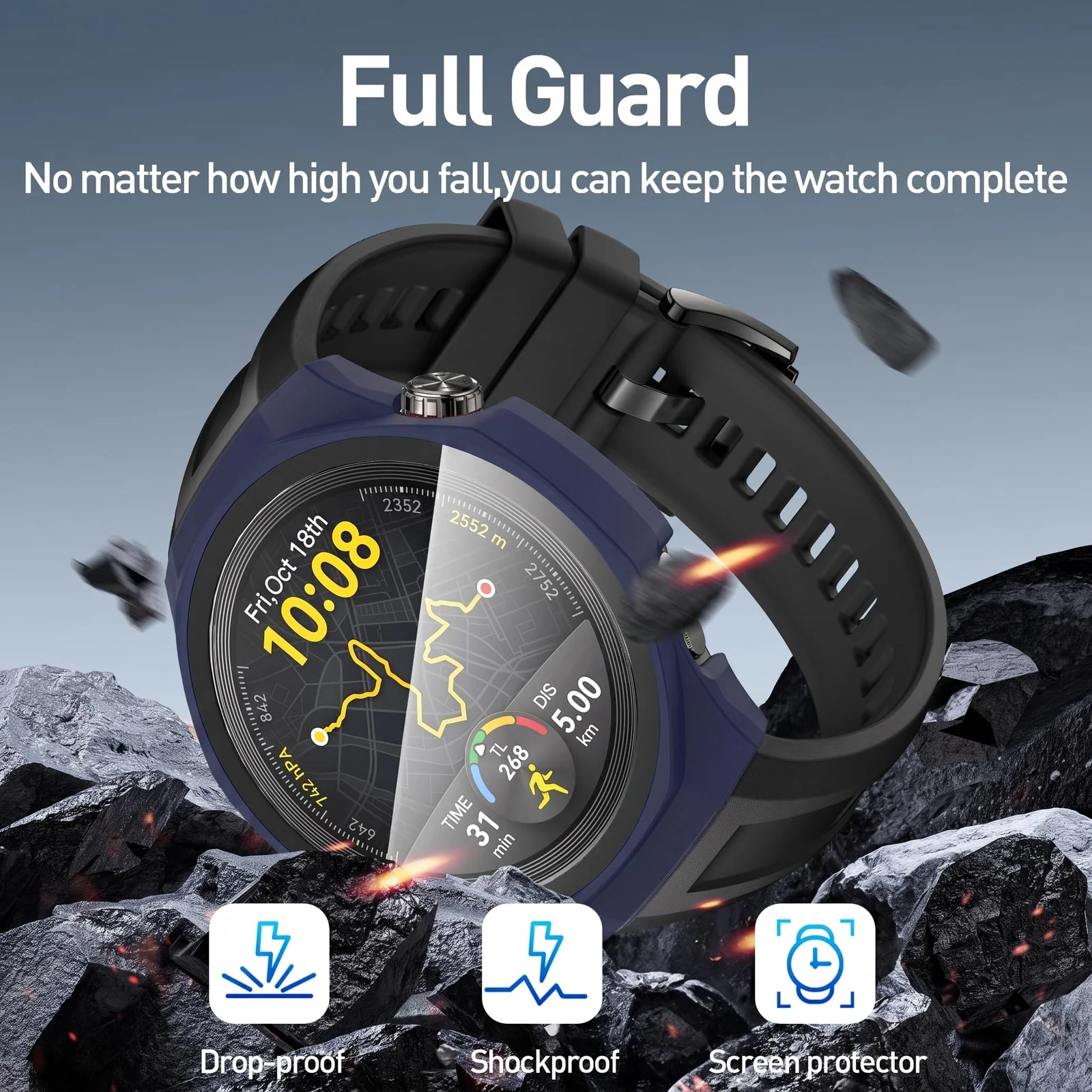 DL3 MOBILAK Full-Coverage Watch Case with Tempered Glass for Huawei Watch GT 5 Pro 46 mm, Blue