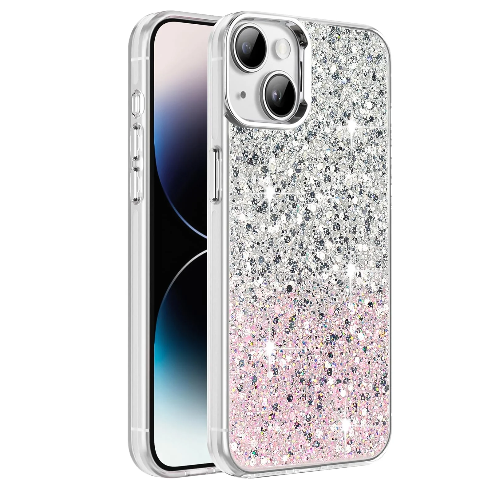 DL3 Mobilak Compatible with iPhone 15+ Plus/iPhone 14 Plus 6.7-Inch Case, Clear Glitter Bling Sparkly, Soft TPU Frame Bumper, Hard-Back Cover for Women & Girls, Transparent Protective - White Pink