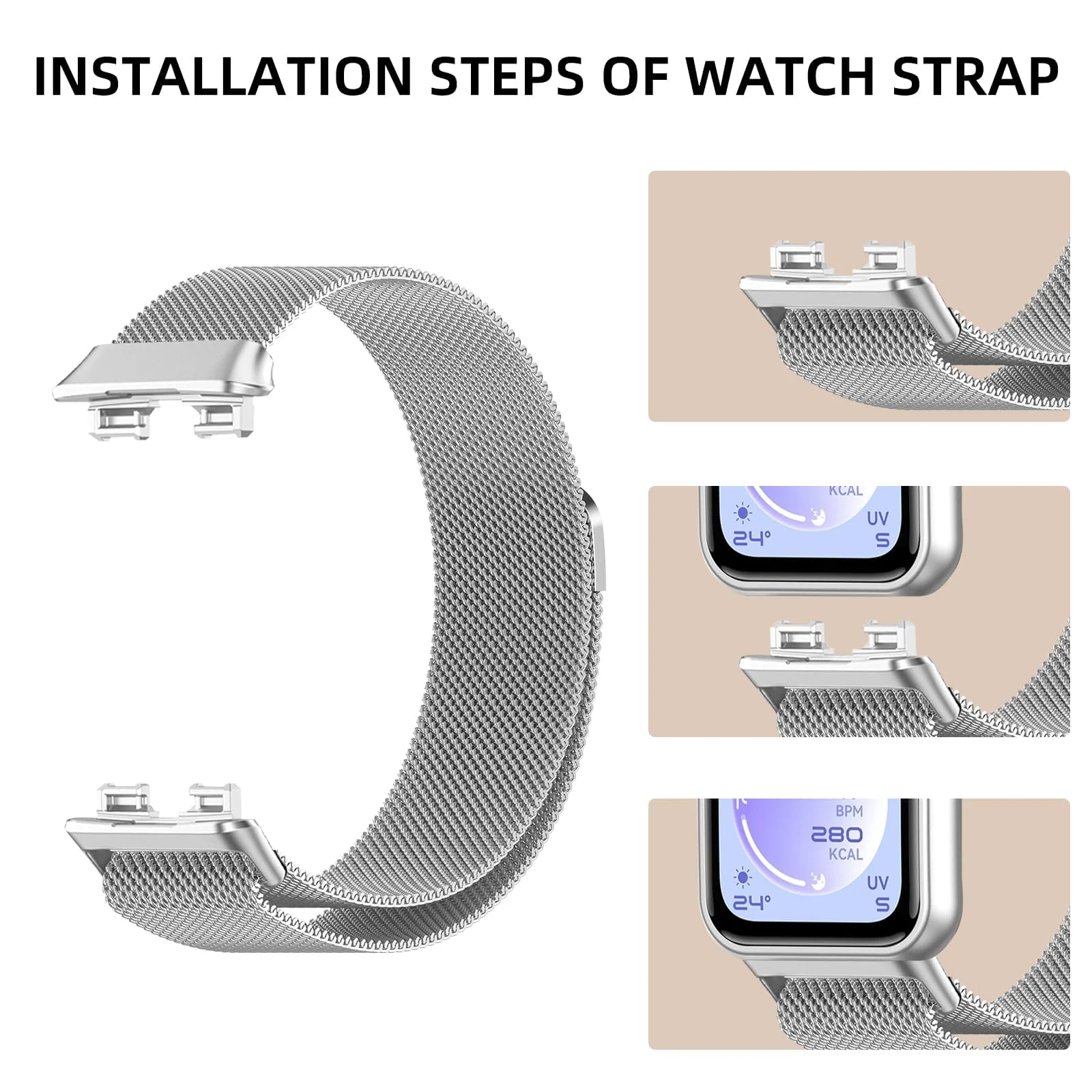 MOBIGON Magnetic Stainless Steel Watch Strap for Huawei Band 11 / 11 Pro, Silver