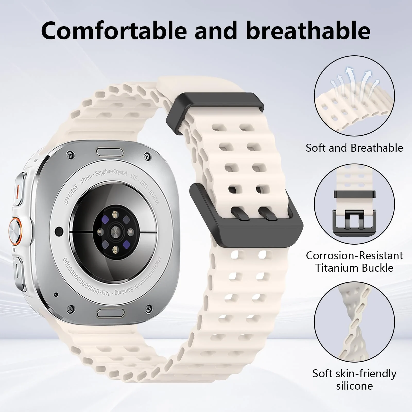 DL3 Mobilak Sport Band Compatible with Samsung Galaxy Watch Ultra Band 47mm Women Men, Breathable Soft Silicone Waterproof Watch Strap Accessories for Samsung Watch 7 Ultra Bands - Starlight