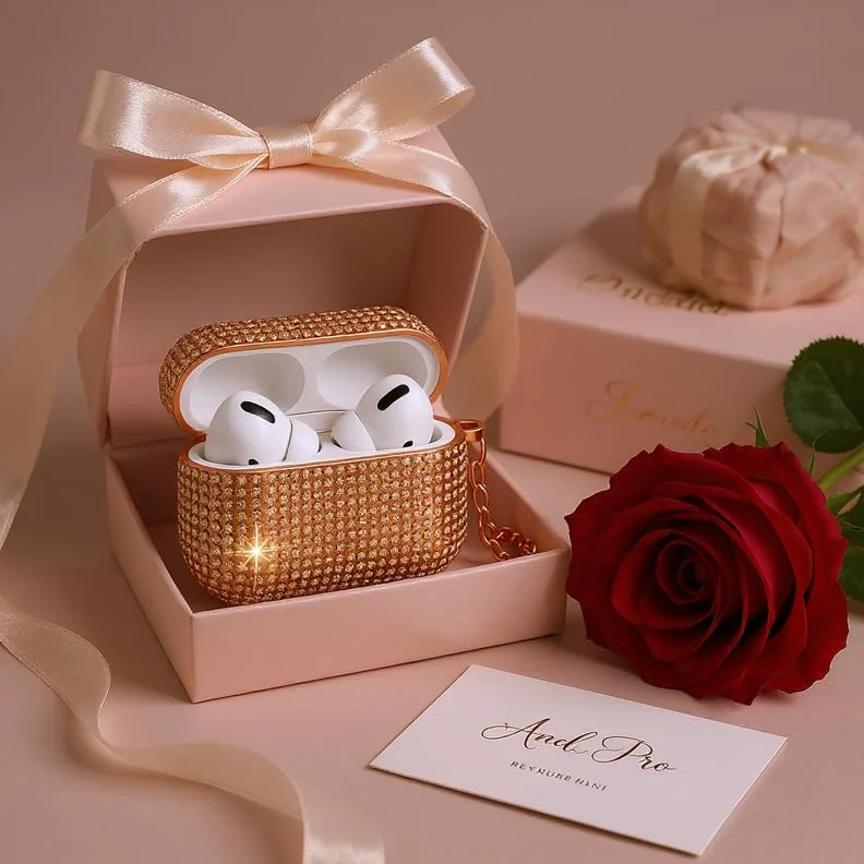 DL3 Mobilak Luxury Rhinestone Case for AirPods Pro 1/2 (AirPods Pro 2nd/1st), Sparkling Glitter Protective Cover with Detachable Metal Hand Chain, Shockproof Ideal Gift for Women & Girls - Rose Gold