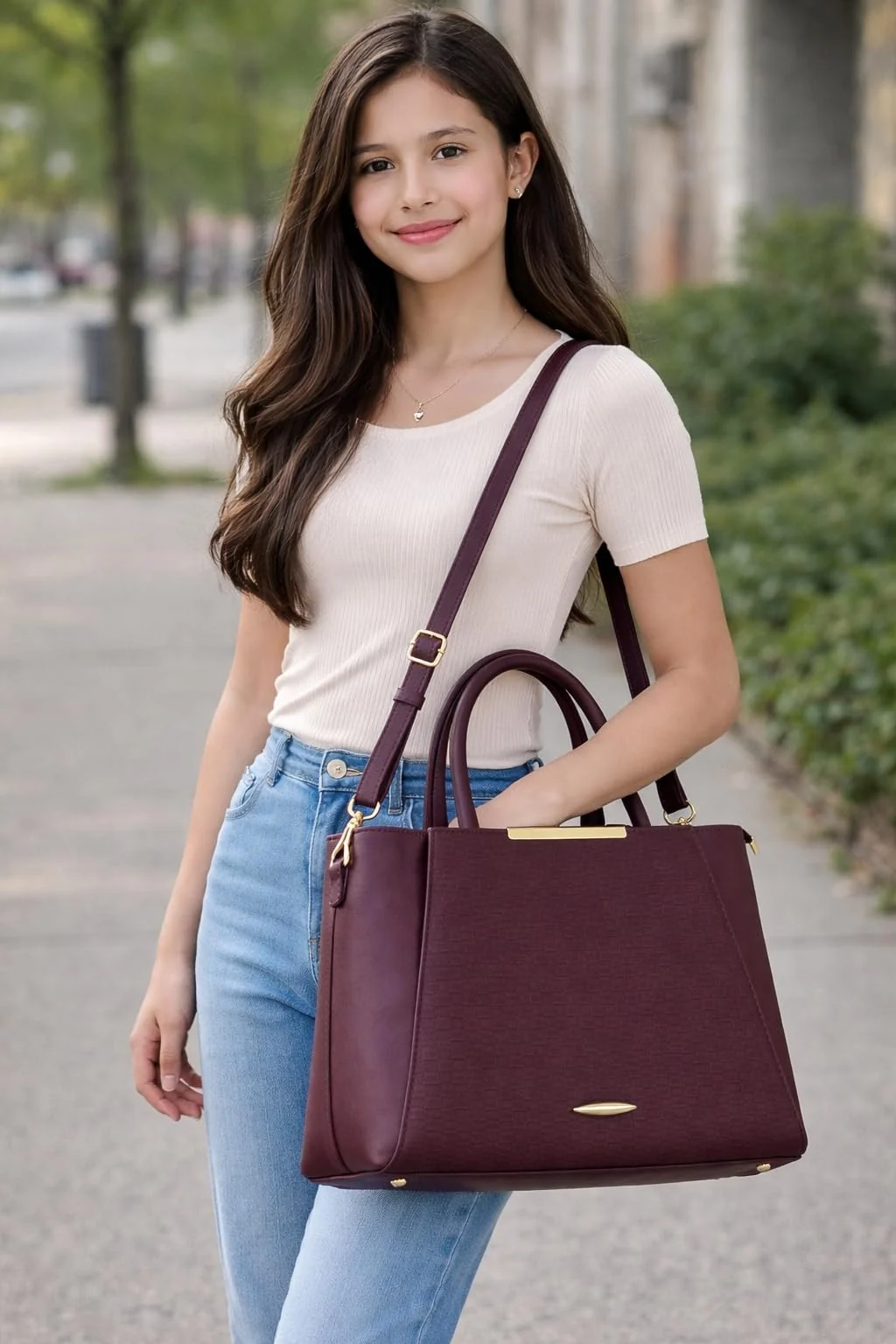 Mobigon Women’s Handbag Elegant Textured Satchel with Adjustable Shoulder Strap Structured Spacious Tote with Top Zipper Closure for Work, Office, Shopping & Daily Use - Burgundy