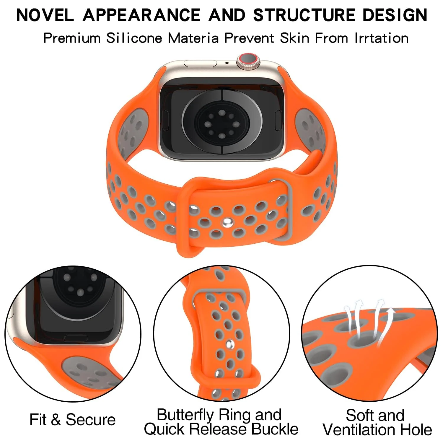 DL3 Mobilak Sport Strap For Apple Watch 49mm 45mm 44mm 42mm 41mm 40mm 38mm, Breathable Silicone Double Hole Band, for iWatch Ultra 2 Series 9 8 7 6 5 4 3 SE (&, 42mm/44mm/45mm/49mm) - Orange & Grey