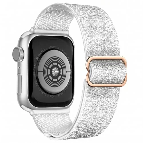 Stretchy Solo Loop Compatible with Apple Watch Ultra Band 44MM 40MM 41MM 45MM 46MM 38MM 49MM 42MM, Soft Nylon Sport Strap for iWatch Series 10 9 8 7 6 5 4 SE (42MM/44MM/45MM/49MM, Shiny Silver)