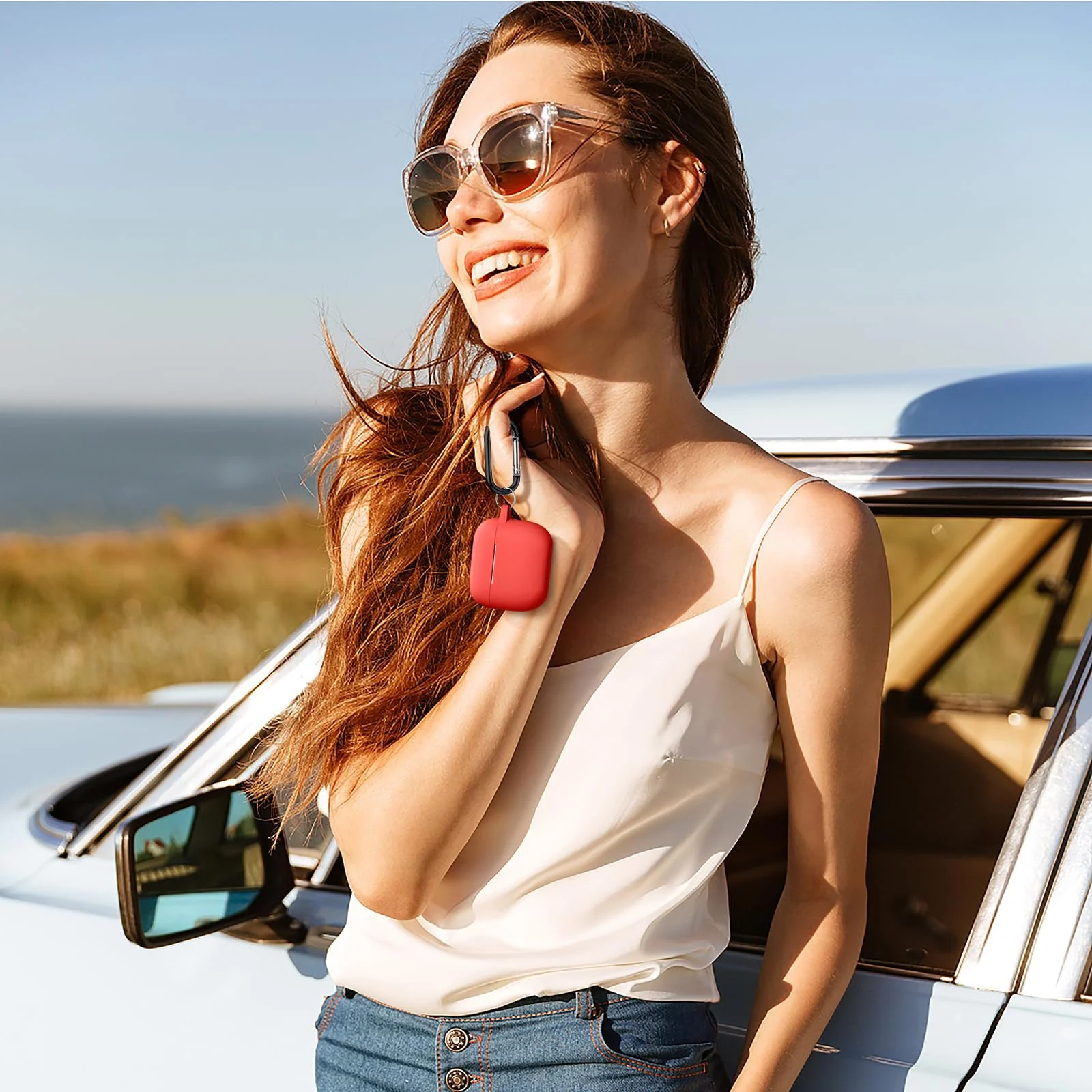 DL3 Mobilak Case Compatible with AirPods 3, Silicone Protective Accessories Skin with Keychain Compatible with AirPods 3rd Generation 2021 for Women Girl, Front LED Visible - Red