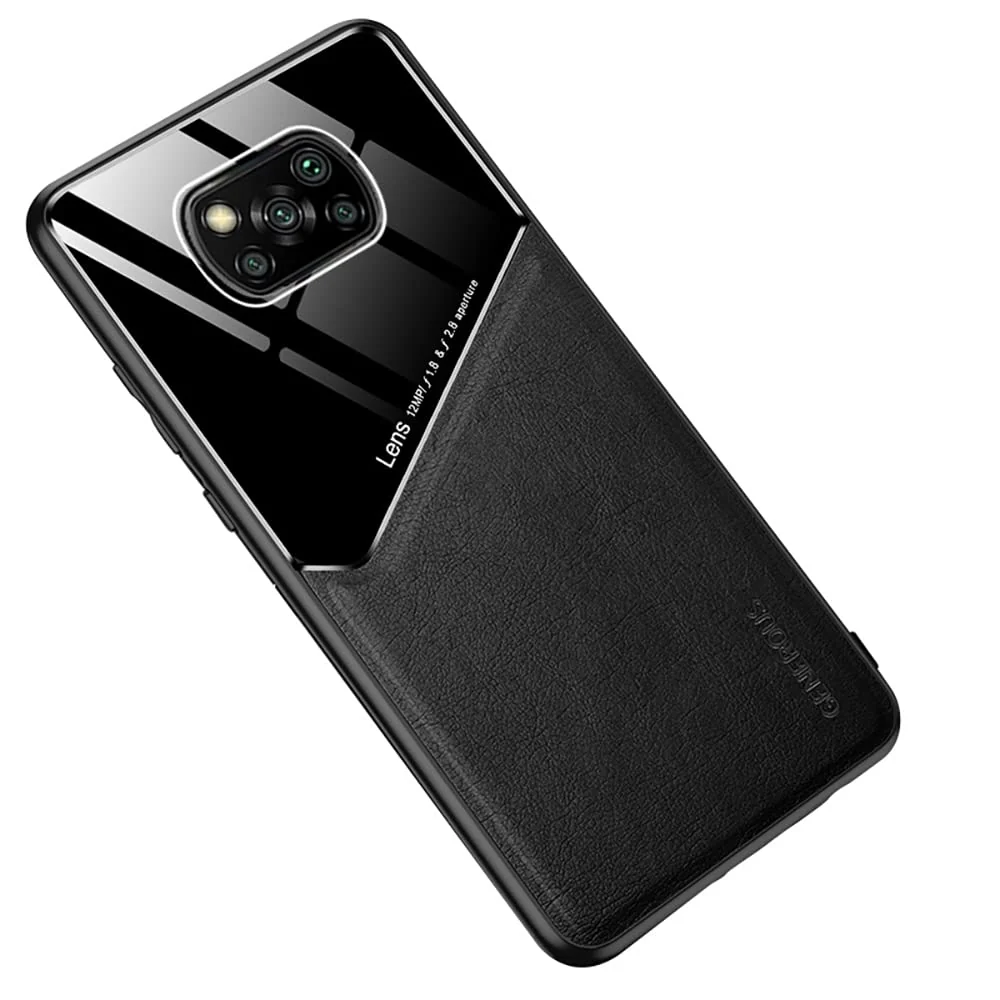 DL3 Mobilak Leather and PC Protective Case for Xiaomi Poco X3 Pro / Poco X3 NFC / Poco X3, Built-in magnetic car-mount support, Shock-absorbing protection - Black