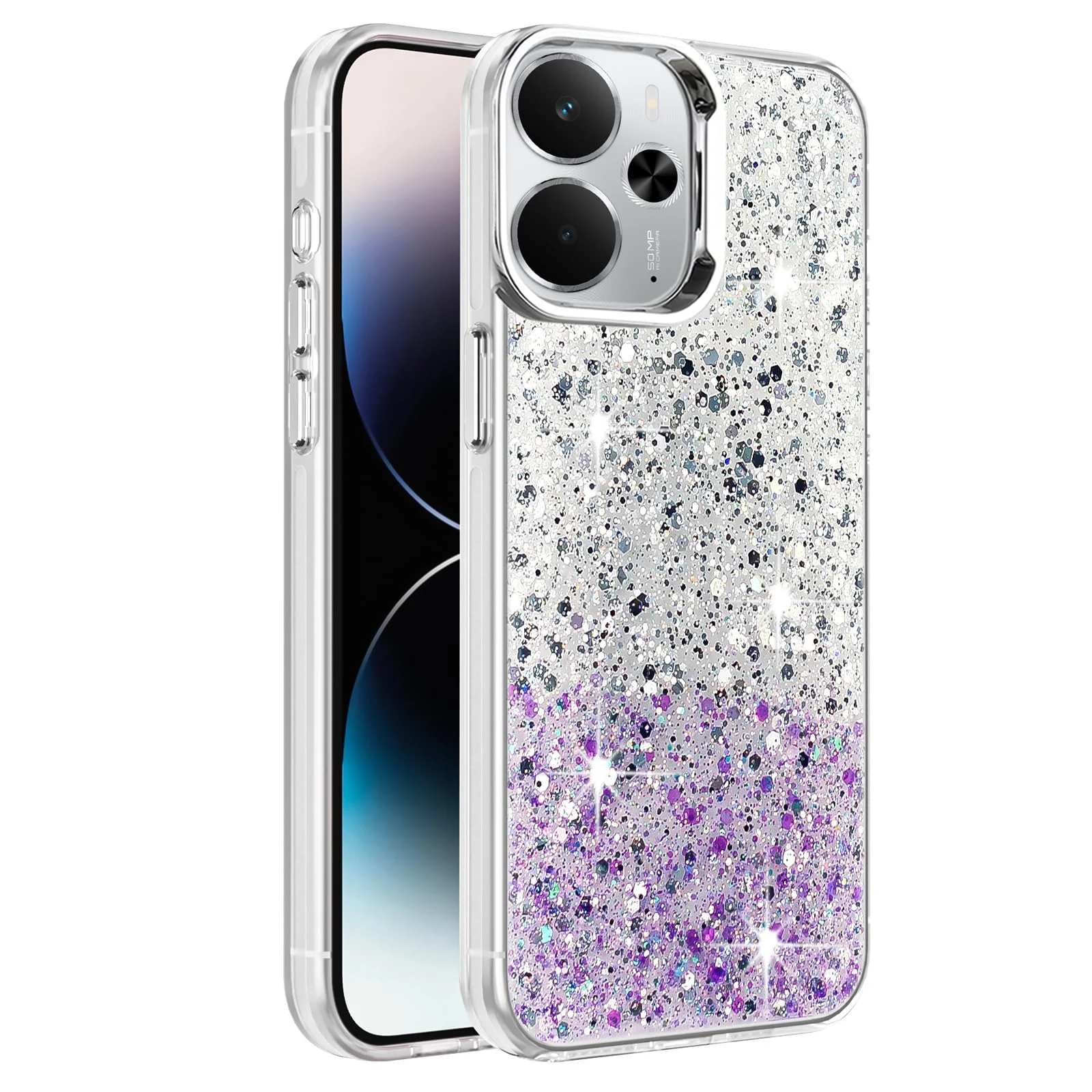 Dl3 Mobilak Compatible with Realme 14 Case, Clear Glitter Bling Sparkly, Soft TPU Frame Bumper, Hard-Back Cover for Women & Girls, Transparent Protective Phone Case (Pink Purple)