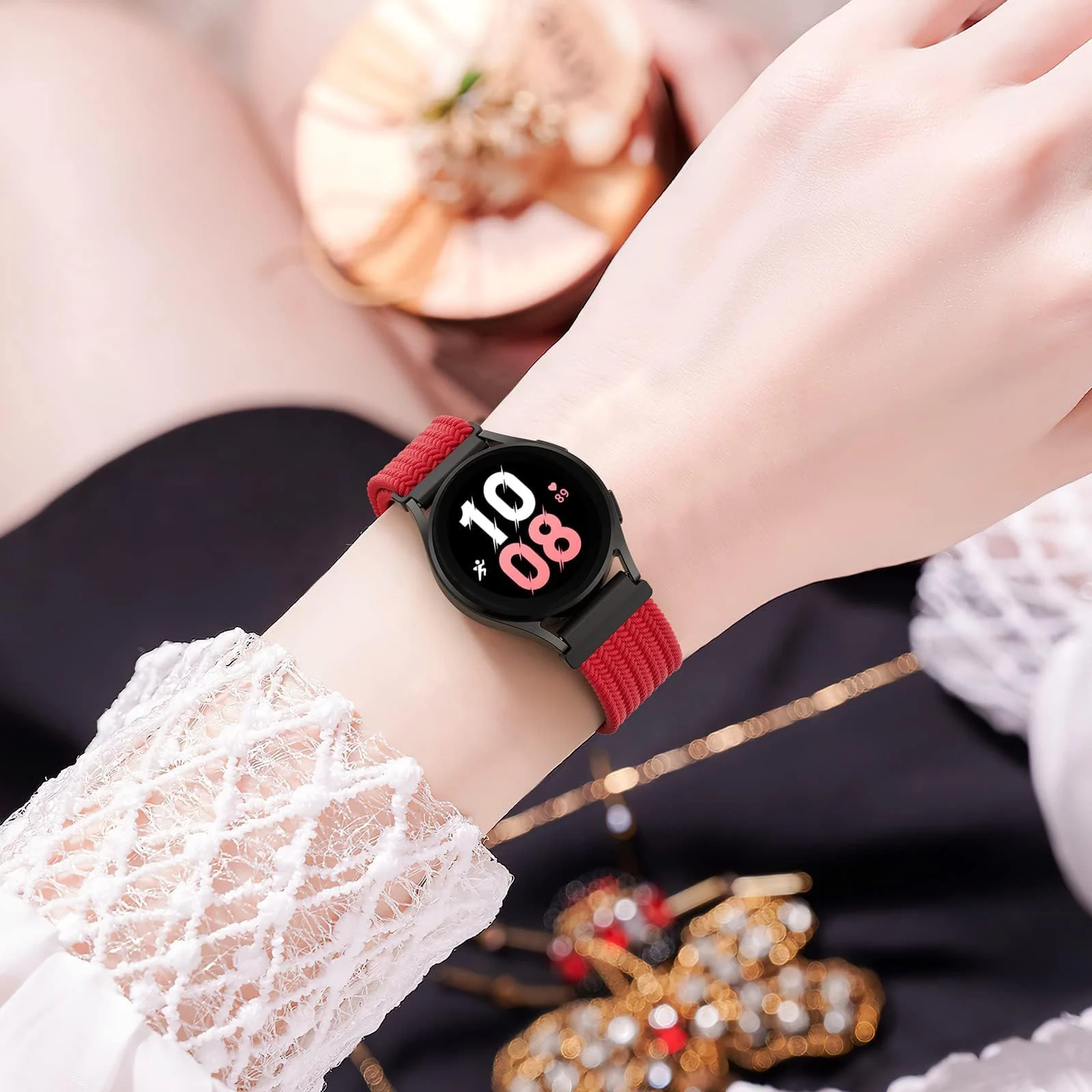 DL3 Mobilak Band 20MM Nylon Braided Solo Loop Strap For Samsung Gear Sport/Watch 6/5/4 40mm 44mm/Watch 6 Classic 43mm 47mm/ 5 Pro 45mm/active 2 40mm 44mm (Small) - Red